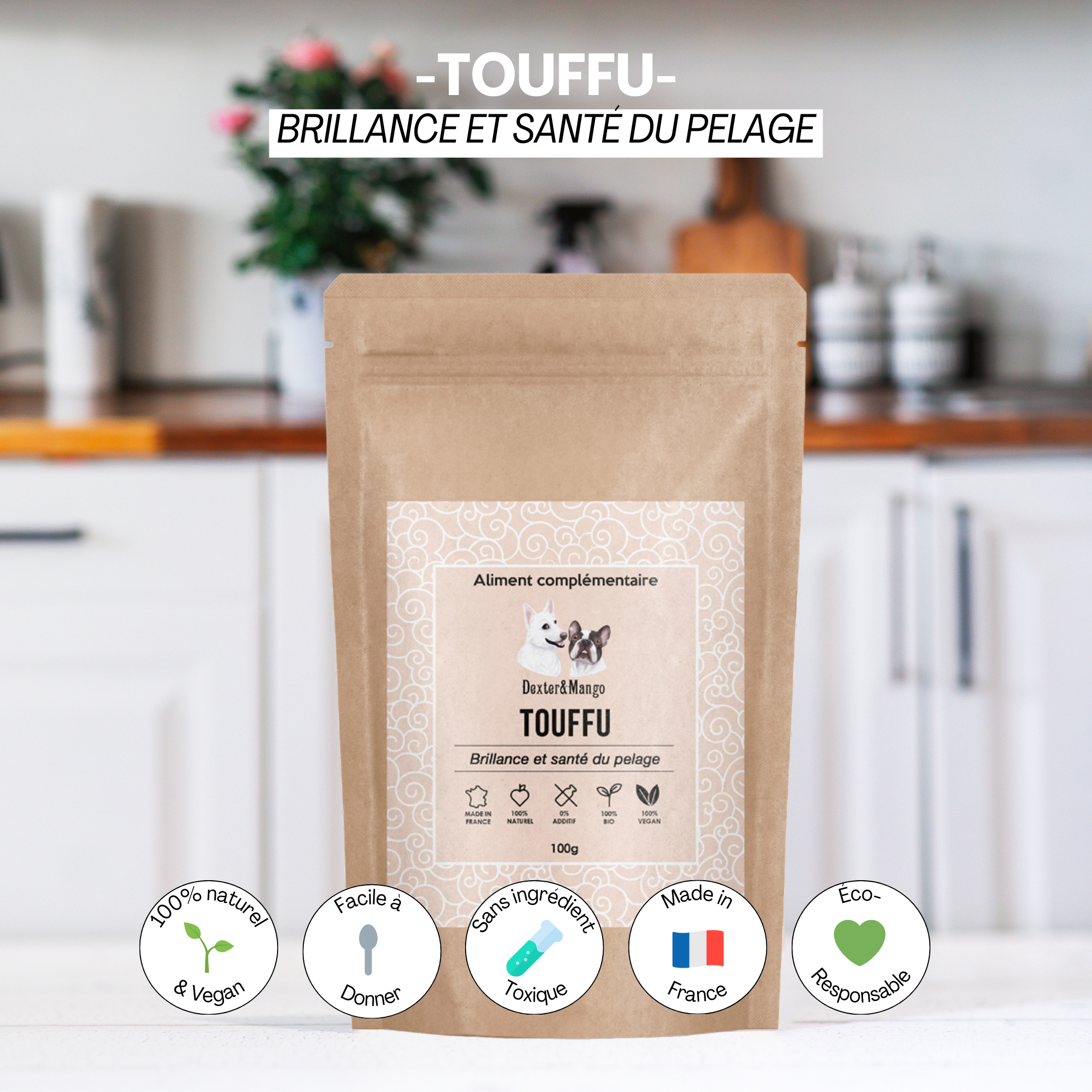 Aliment complémentaire Touffu pour la brillance et la santé du pelage des chiens et chats, 100% naturel et vegan.