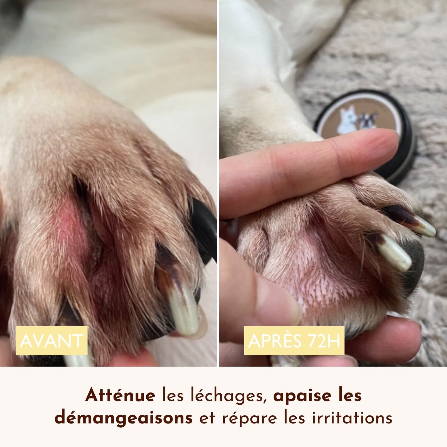 Comparaison avant/après 72h sur une patte de chien avec le baume Le Miraculeux : réduction des rougeurs et apaisement visible.
