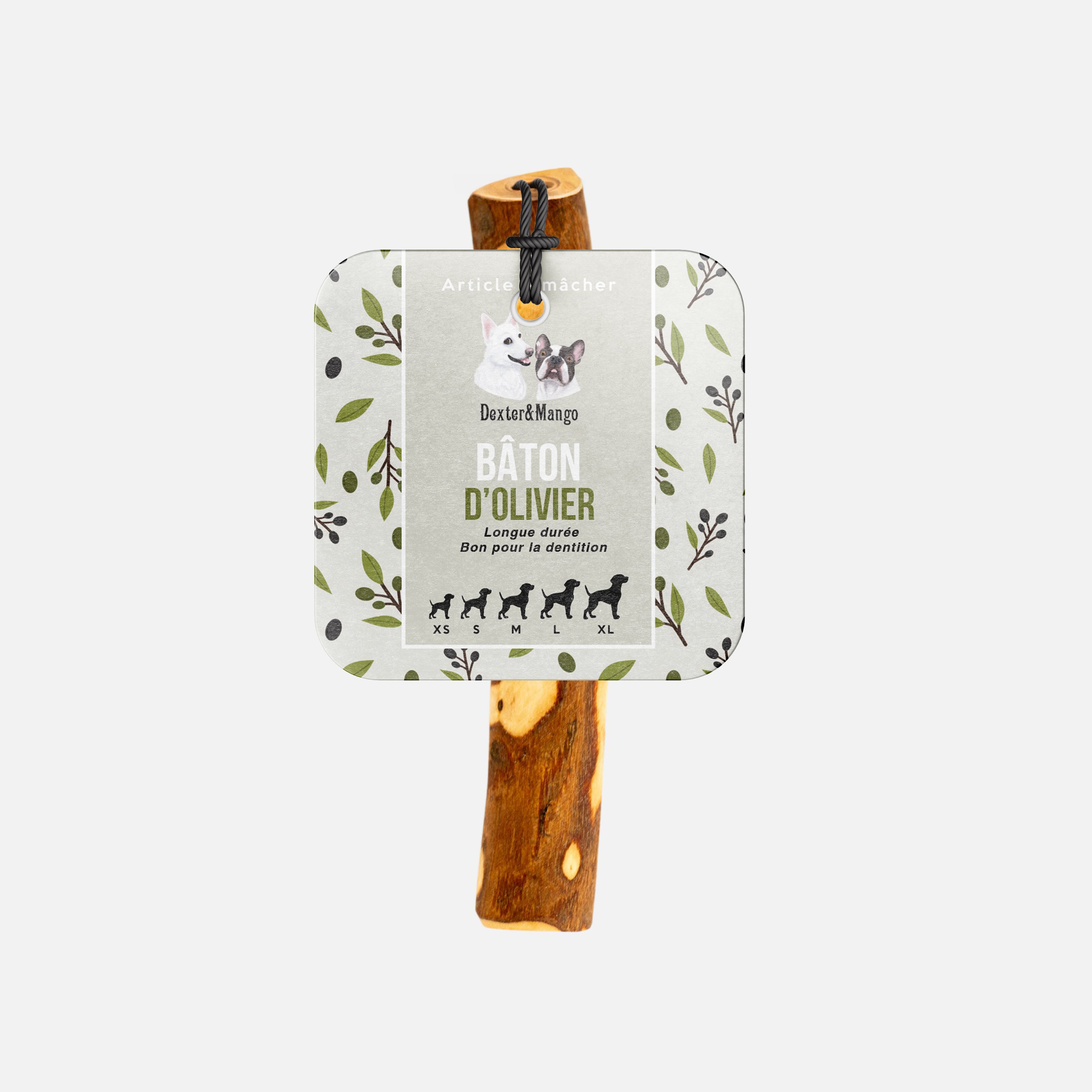 Bâton d’olivier naturel Dexter et Mango pour chien, avec packaging illustré