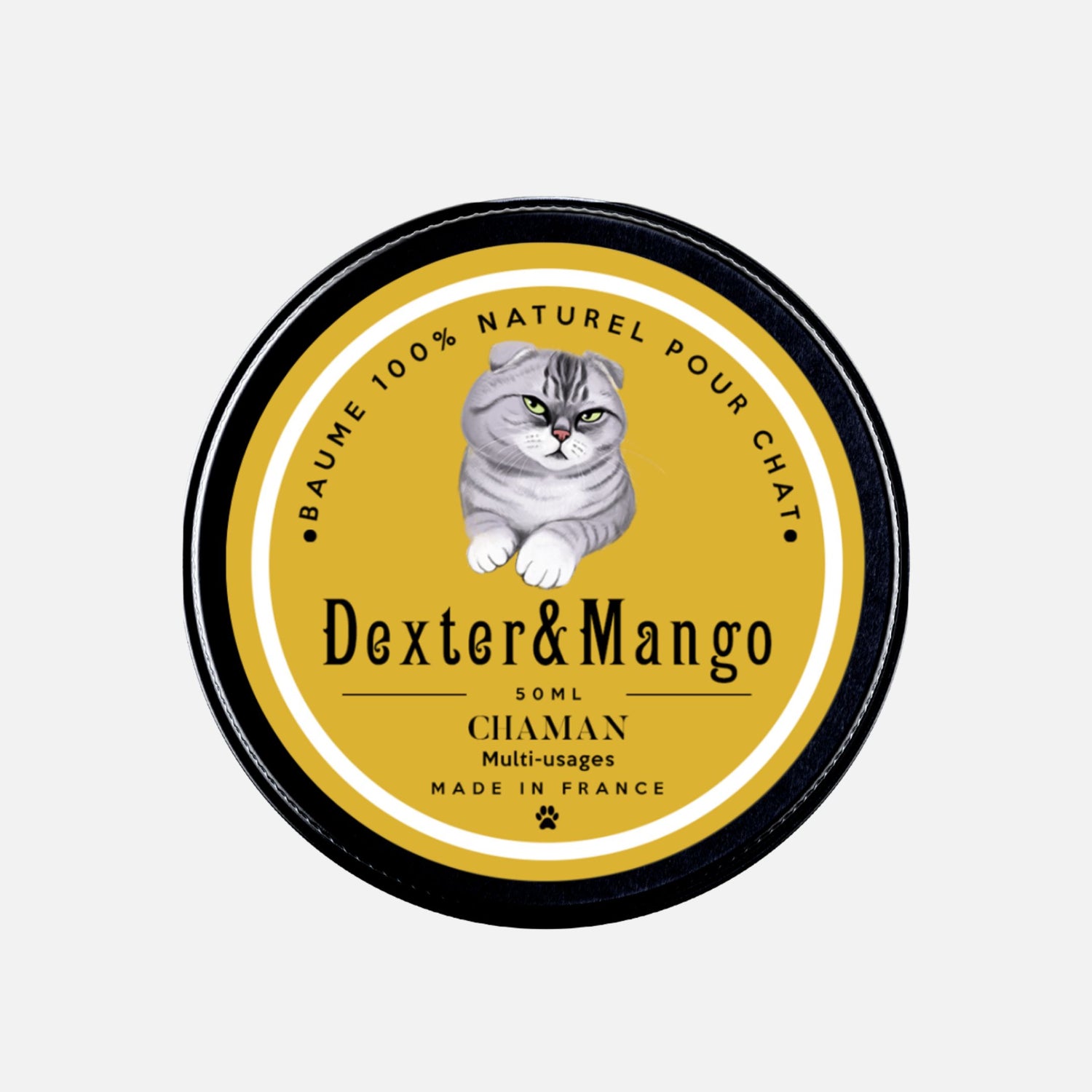 Photo du baume Chaman pour chat Dexter & Mango en format pot fermé, baume multi-usages 100% naturel