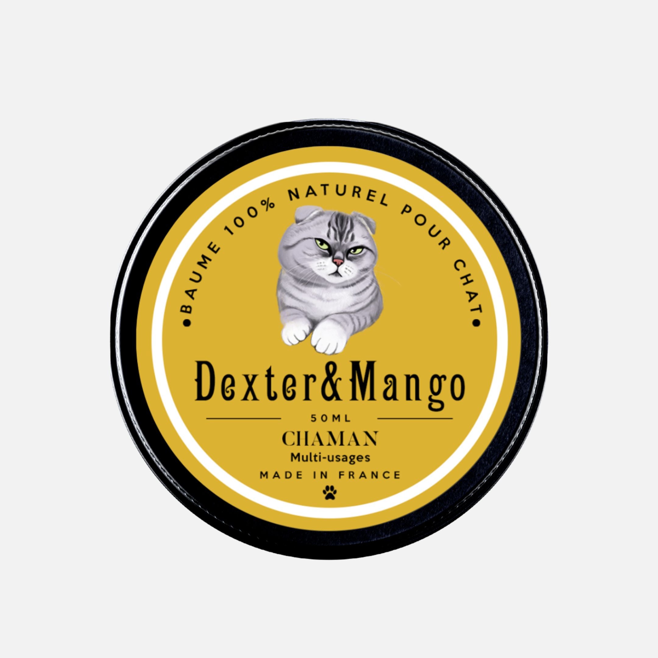 Photo du baume Chaman pour chat Dexter & Mango en format pot fermé, baume multi-usages 100% naturel
