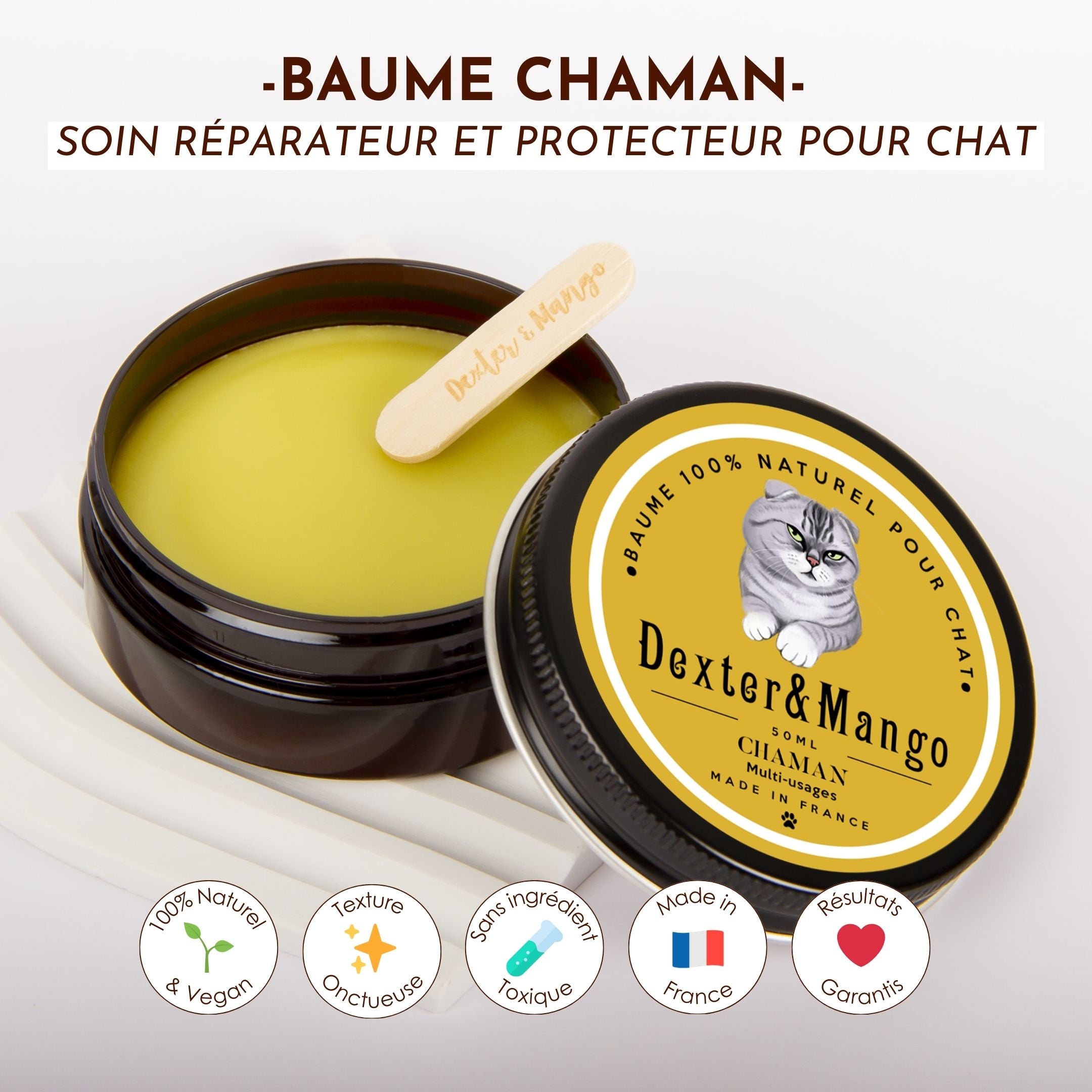 Baume Chaman ouvert avec spatule Dexter & Mango, soin réparateur et protecteur pour chat, 100% naturel et vegan