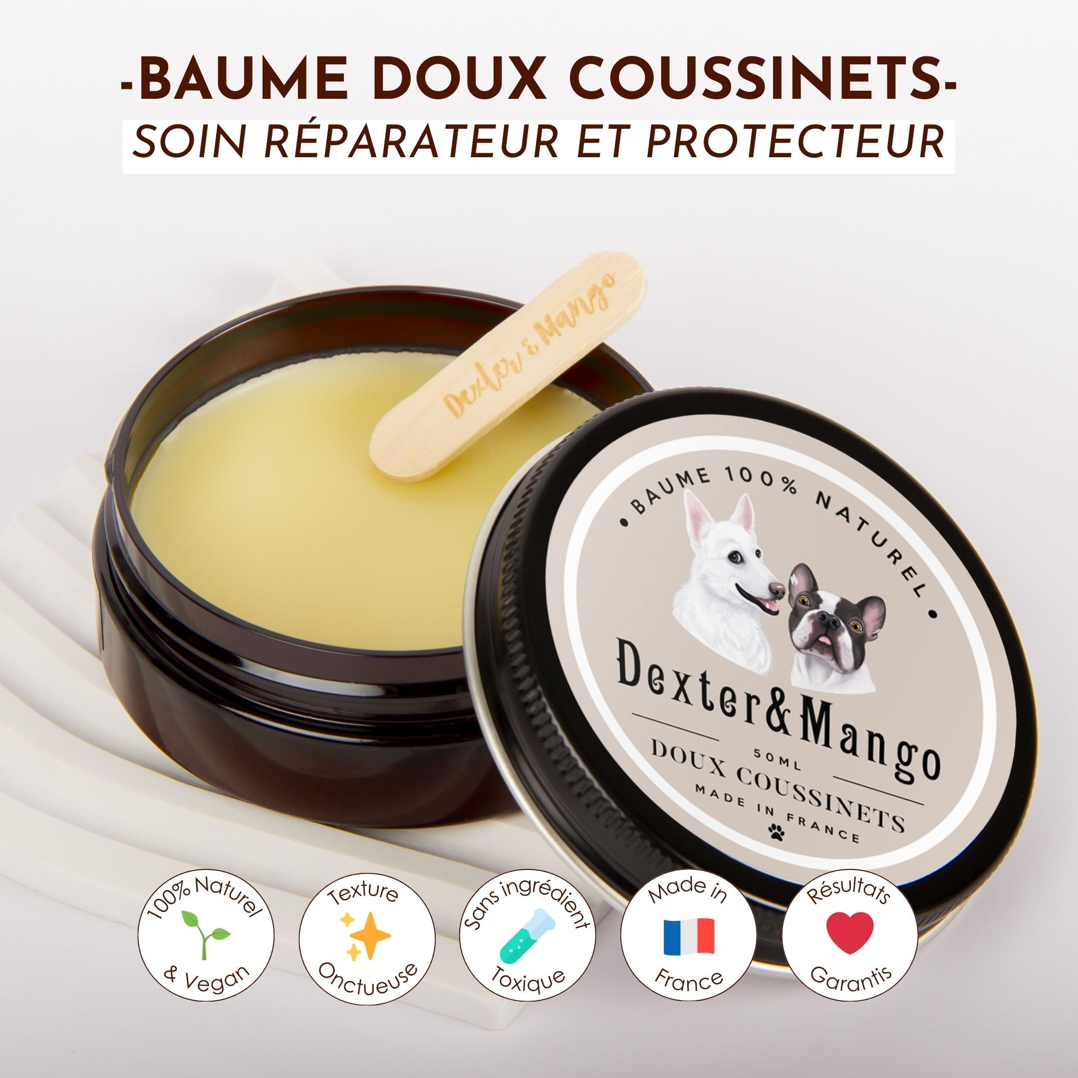 Baume pour coussinets de chien Doux Coussinet ouvert avec spatule et couvercle Dexter & Mango