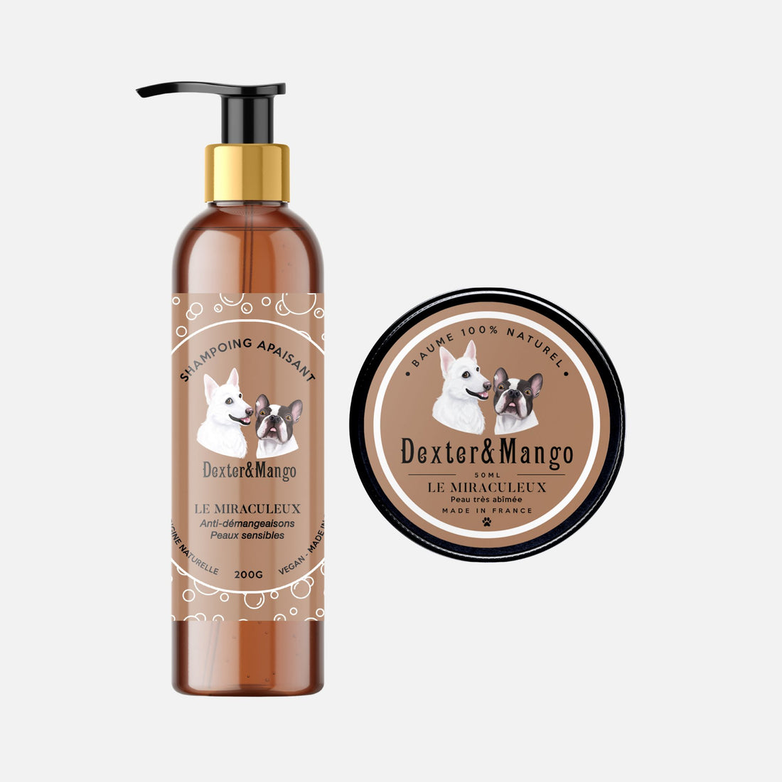 Duo de soins naturels pour chien Dexter & Mango composé du shampoing apaisant Le Miraculeux et du baume réparateur Le Miraculeux pour les peaux sensibles