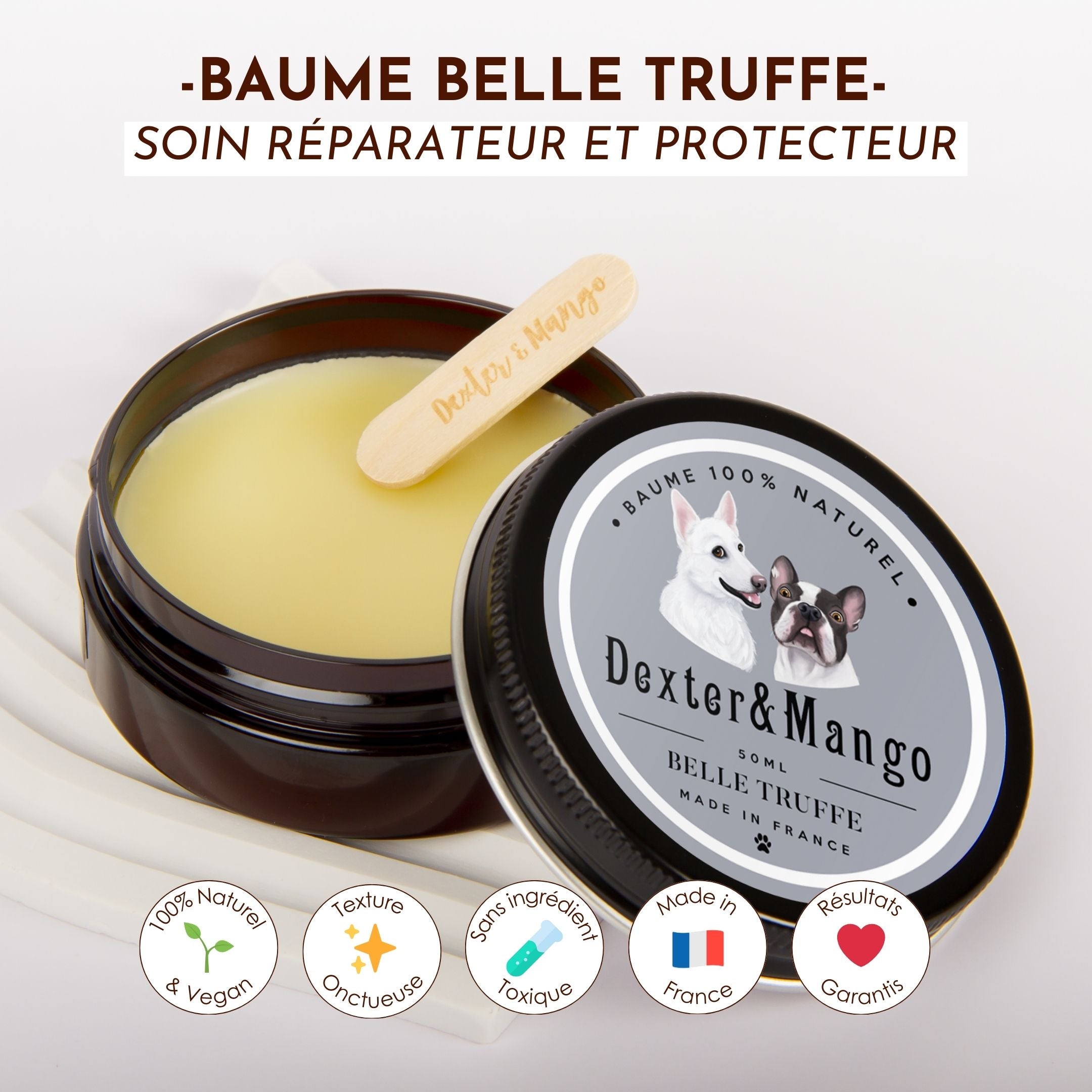 Baume Belle Truffe ouvert avec texture onctueuse, spatule en bois gravée Dexter & Mango”