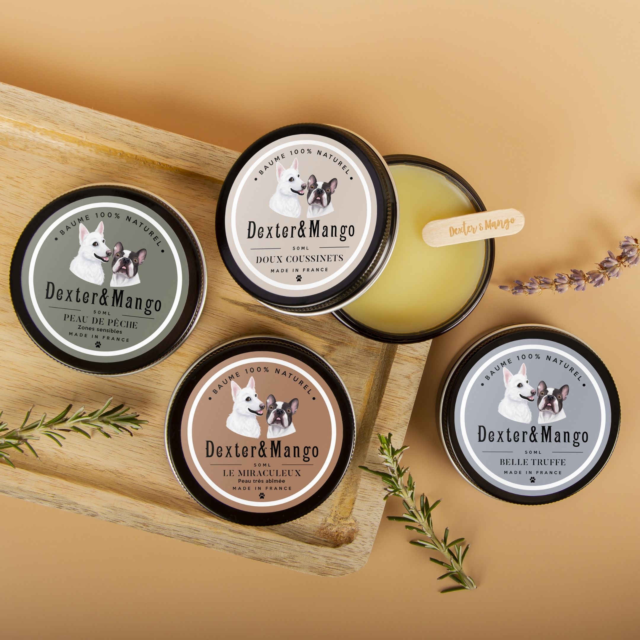 Présentation des baumes pour chien Dexter & Mango sur plateau en bois avec plantes aromatiques