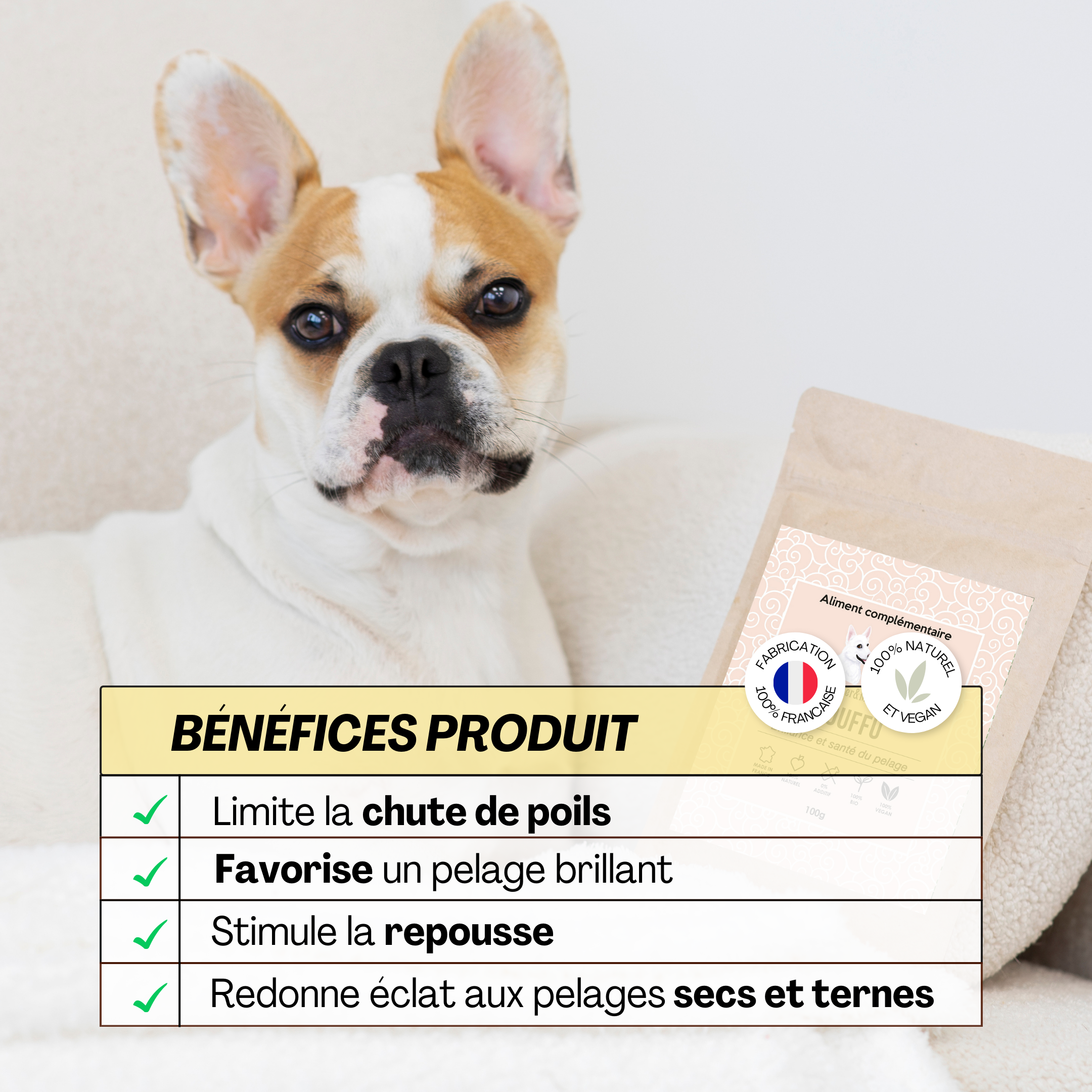 Bienfaits de l’aliment complémentaire Touffu : limite la chute de poils, favorise un pelage brillant, stimule la repousse et redonne éclat aux pelages secs et ternes.