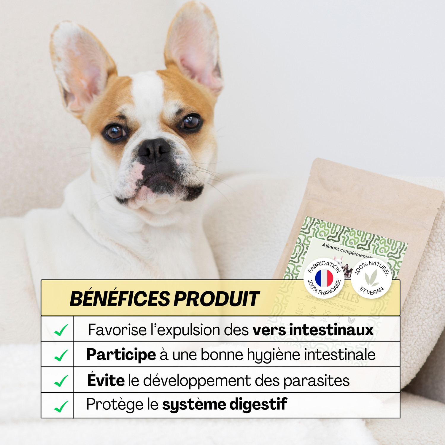 Les bienfaits du complément Vermi’selles : expulsion des vers intestinaux, amélioration de l’hygiène intestinale et protection du système digestif.
