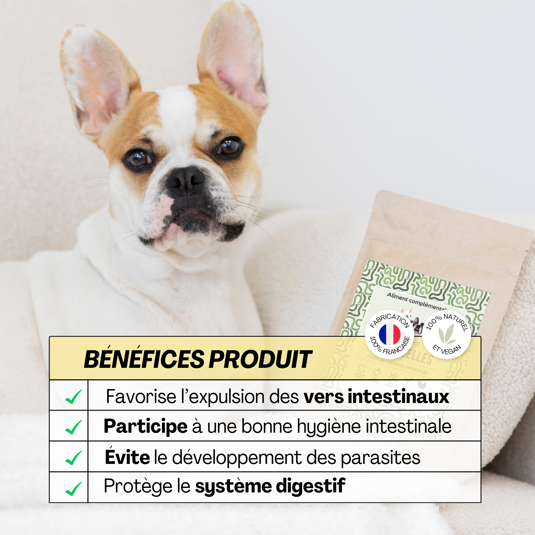 Les bienfaits du complément Vermi’selles : expulsion des vers intestinaux, amélioration de l’hygiène intestinale et protection du système digestif.