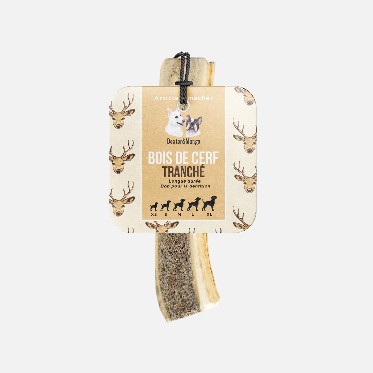 Bois de cerf tranché Dexter & Mango avec étiquette produit