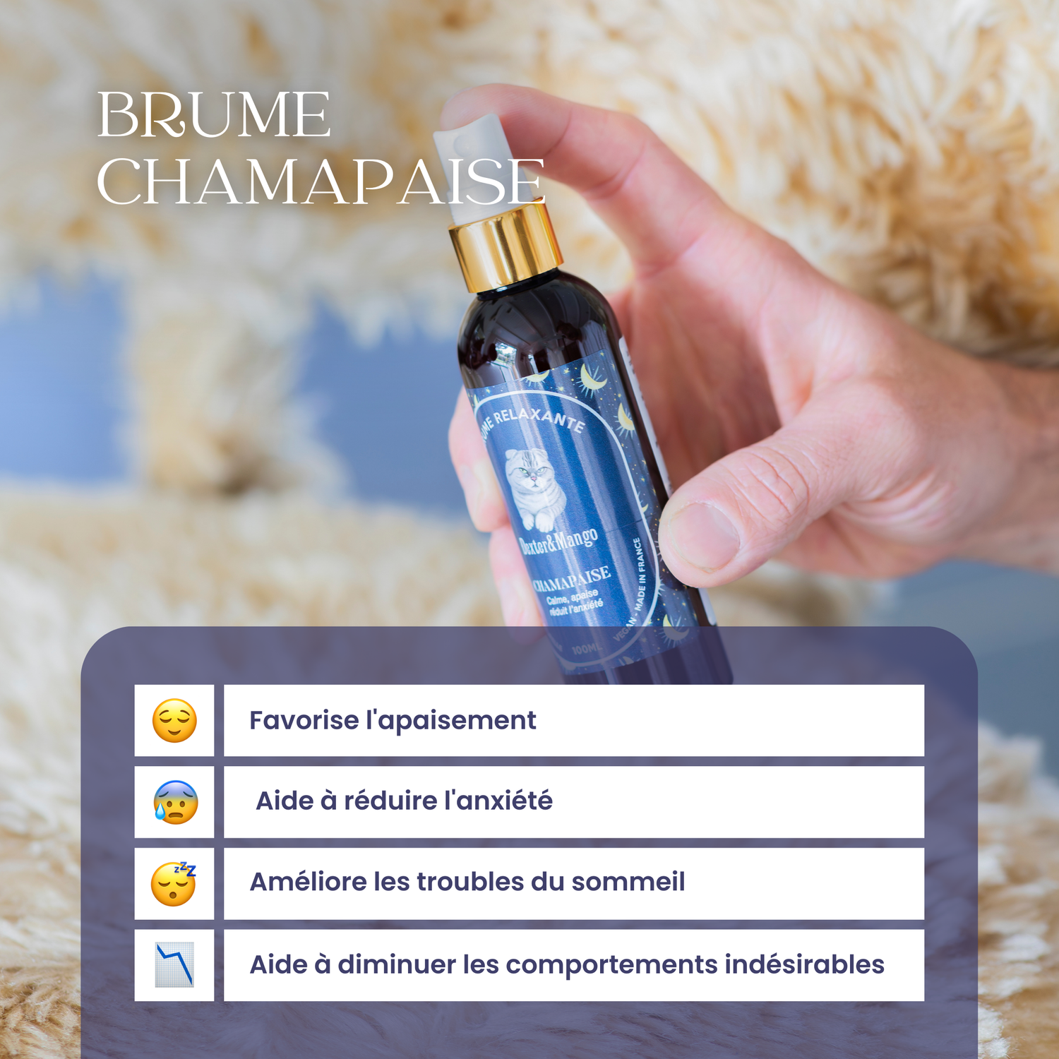 Brume relaxante Chamapaise pour chat appliquée à la main, bienfaits calmants affichés