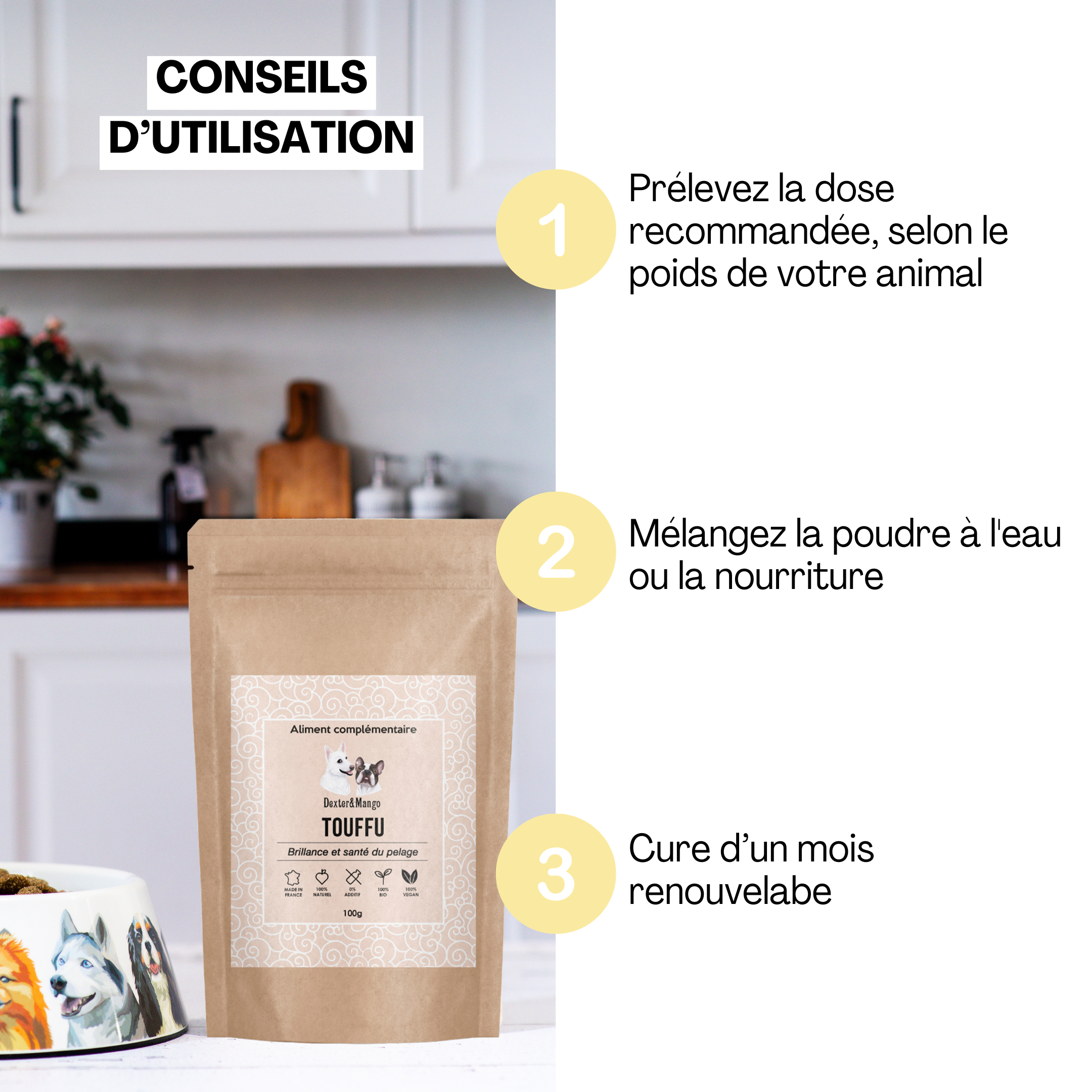 Conseils d’utilisation de l’aliment complémentaire Touffu : dosage, mélange à l’eau ou à la nourriture, et cure d’un mois renouvelable.