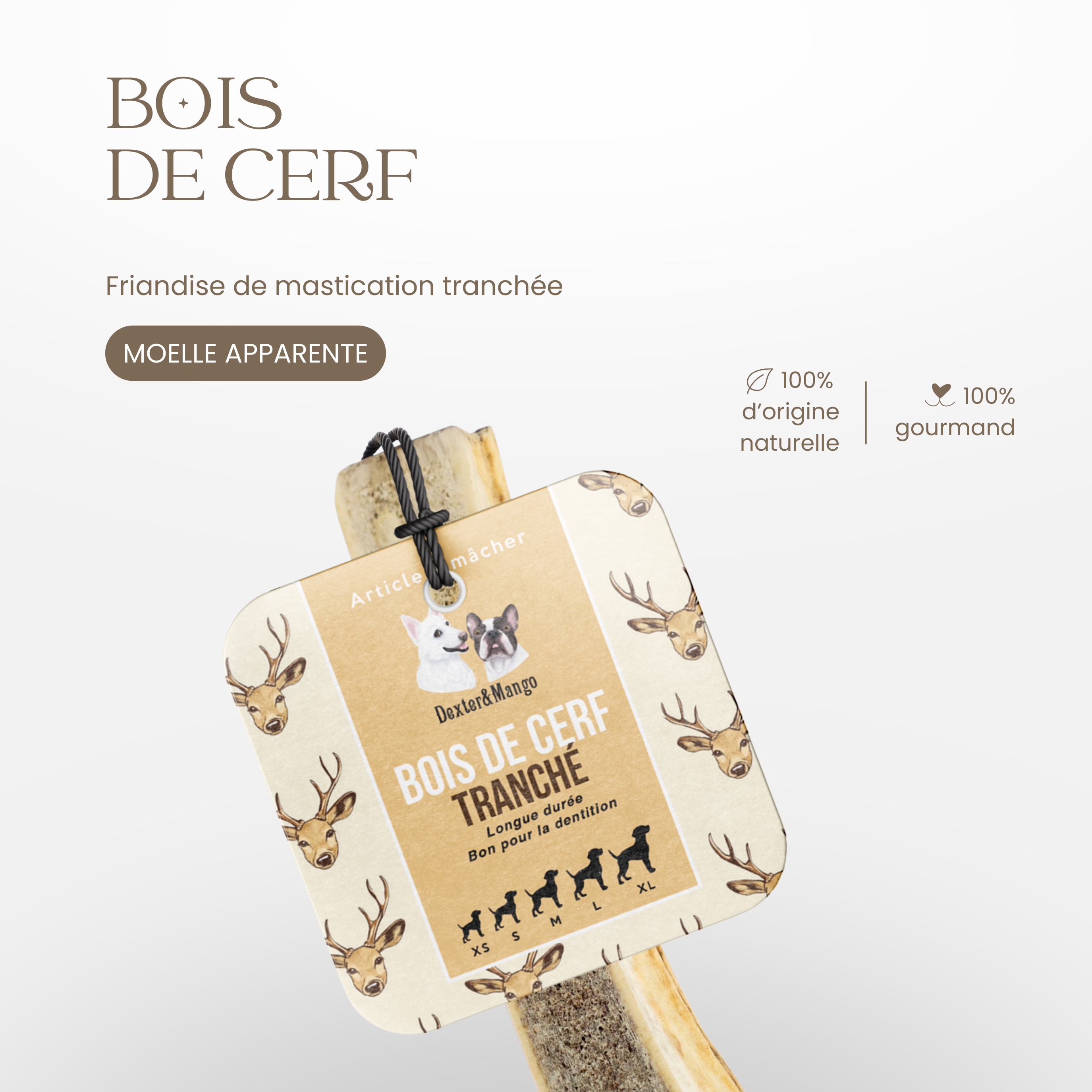 Friandise de mastication naturelle bois de cerf tranché Dexter & Mango