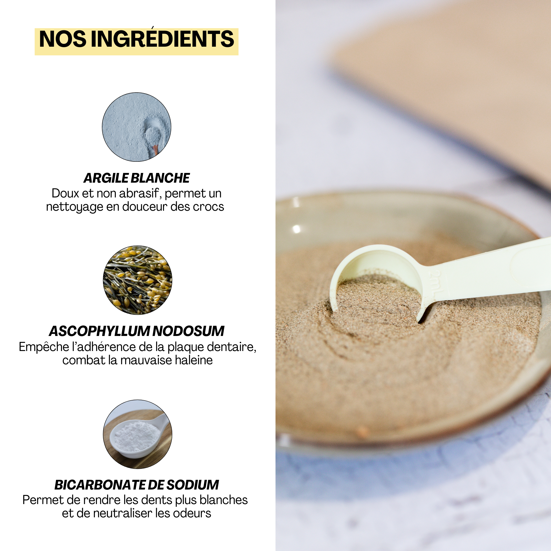 Composition de l’aliment complémentaire Quenotte pour l’hygiène dentaire du chien et du chat, avec argile blanche, ascophyllum nodosum et bicarbonate de sodium.