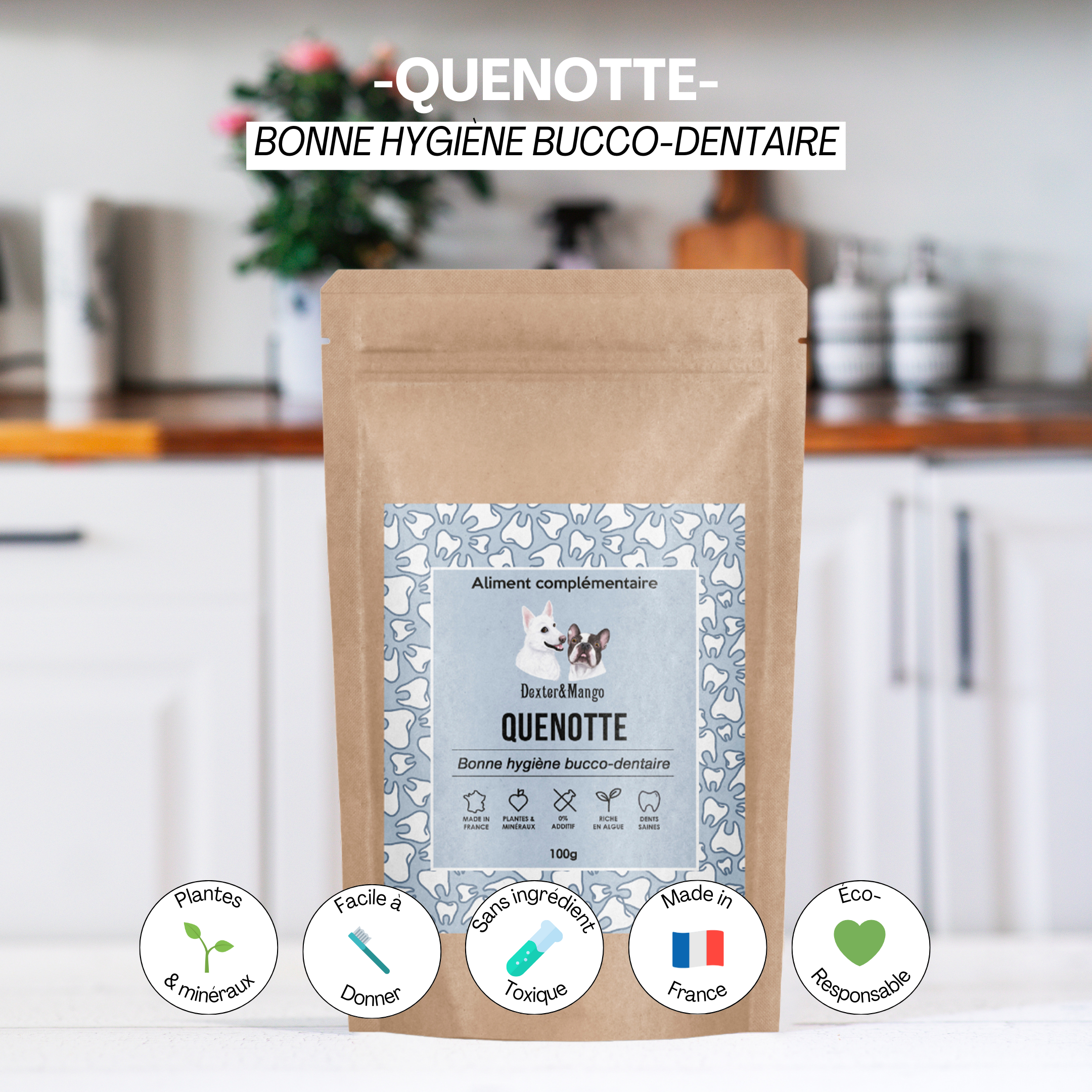 Aliment complémentaire Quenotte en sachet, destiné à l’hygiène bucco-dentaire du chien et du chat, avec des ingrédients naturels.