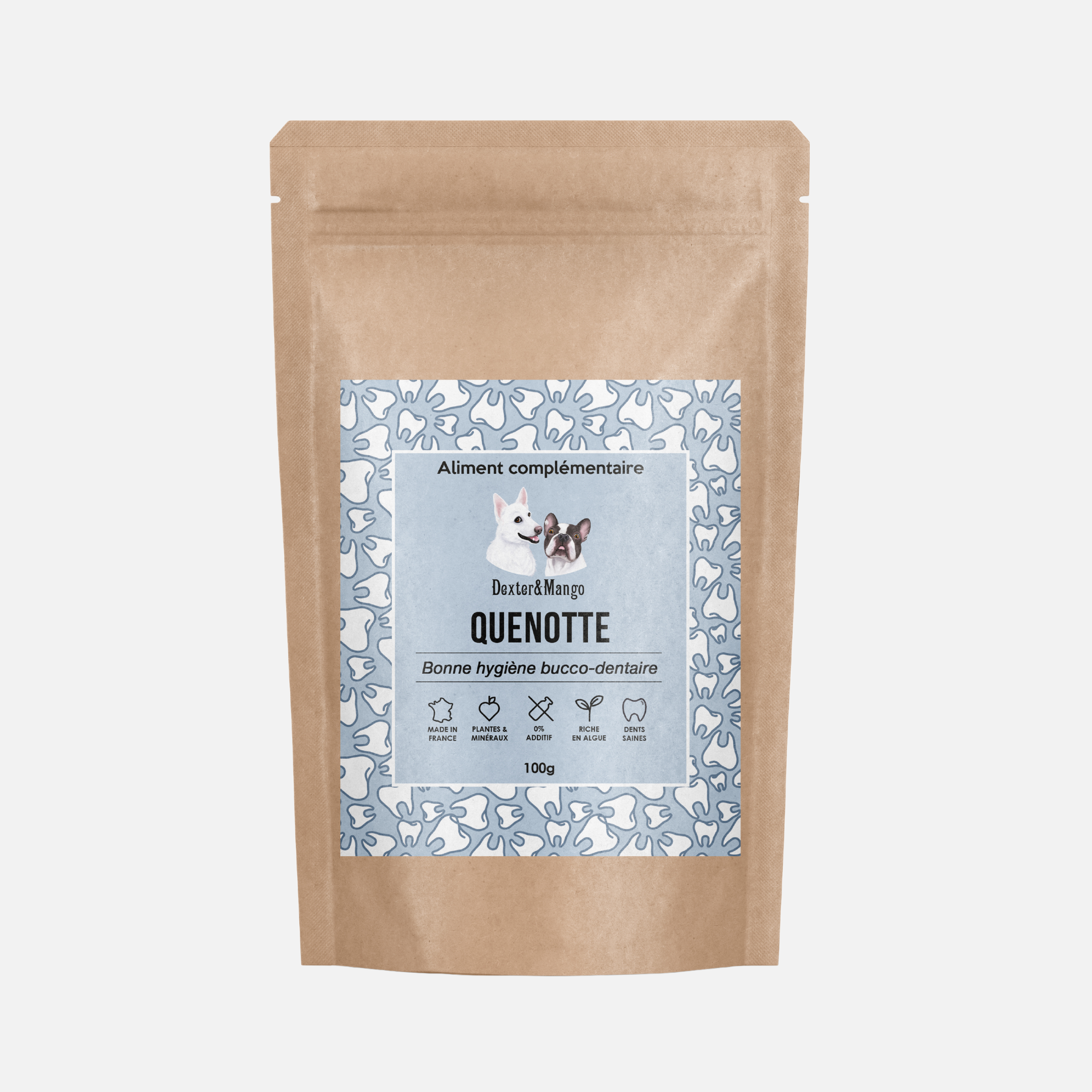 Pack de l’aliment complémentaire Quenotte de Dexter & Mango pour une bonne hygiène bucco-dentaire du chien et du chat.