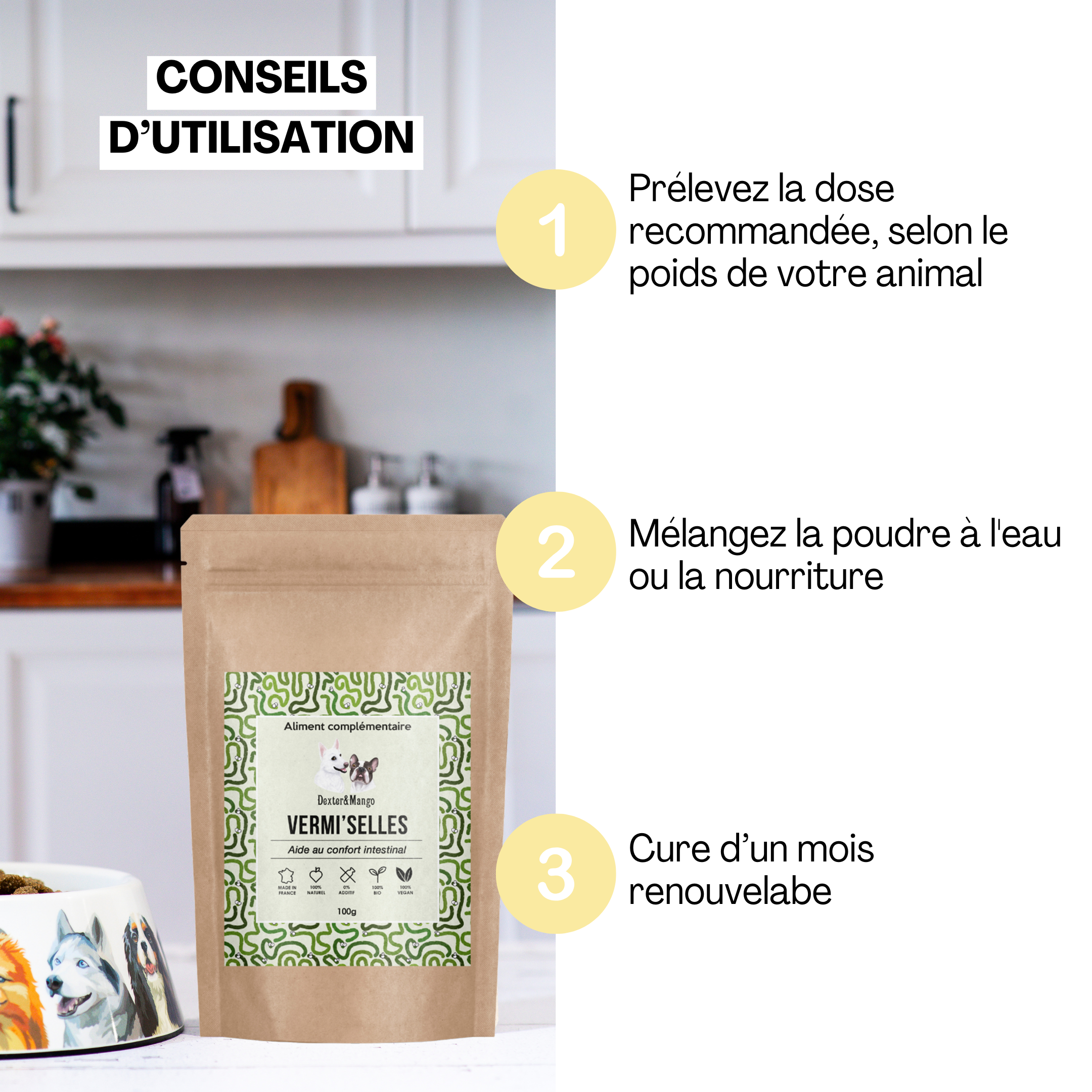 Liste des ingrédients naturels de l’aliment complémentaire Vermi’selles : ail bio, pépin de courge bio et thym bio pour une bonne digestion du chien et du chat.