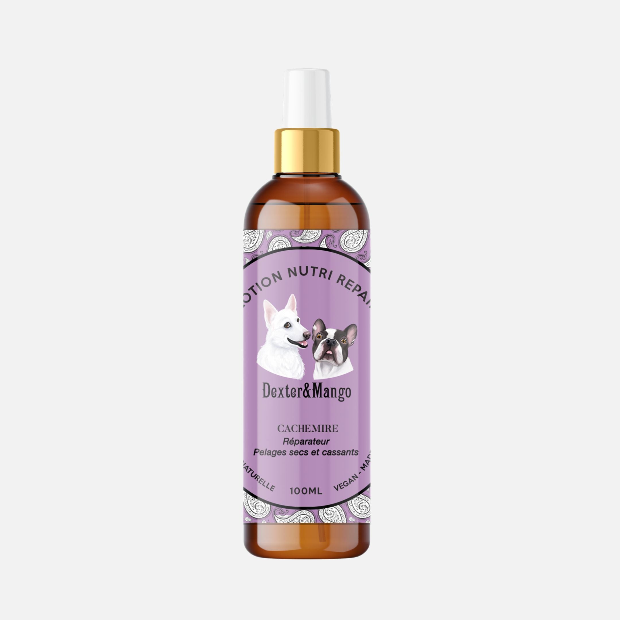 Lotion Nutri Repair Cachemire pour chien et chat – soin hydratant et réparateur pour pelage sec et abîmé.
