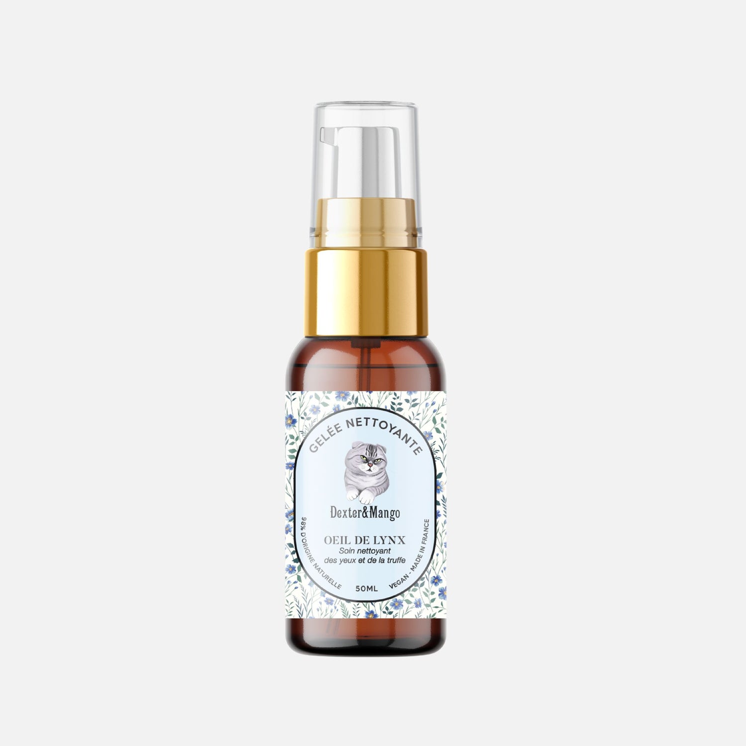 Flacon de gelée nettoyante “Œil de Lynx” de Dexter & Mango, soin naturel pour les yeux des chats.