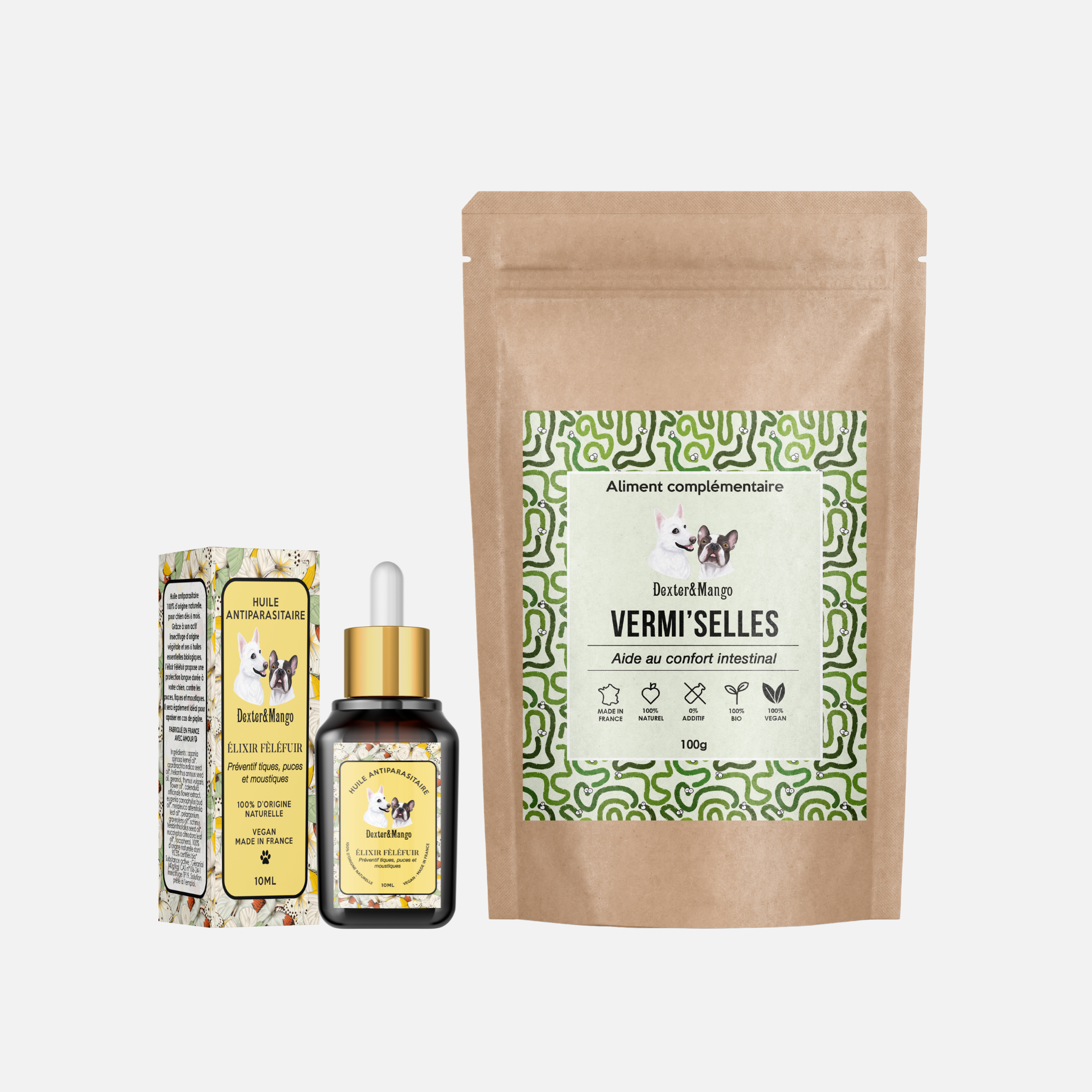 Pack antiparasitaire naturel pour chien avec l’Élixir Fèléfuir et Vermi’Selles de Dexter & Mango