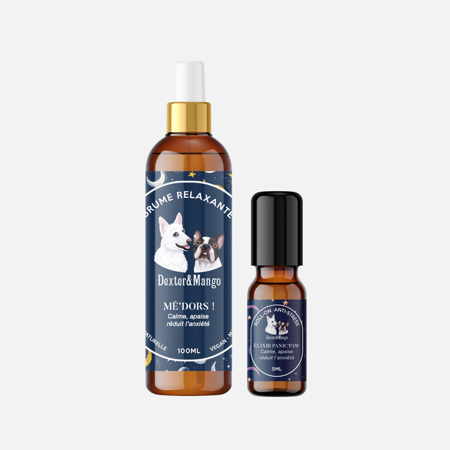 Duo de soins anti-stress pour chien Dexter & Mango avec brume relaxante et élixir Panic’Paw