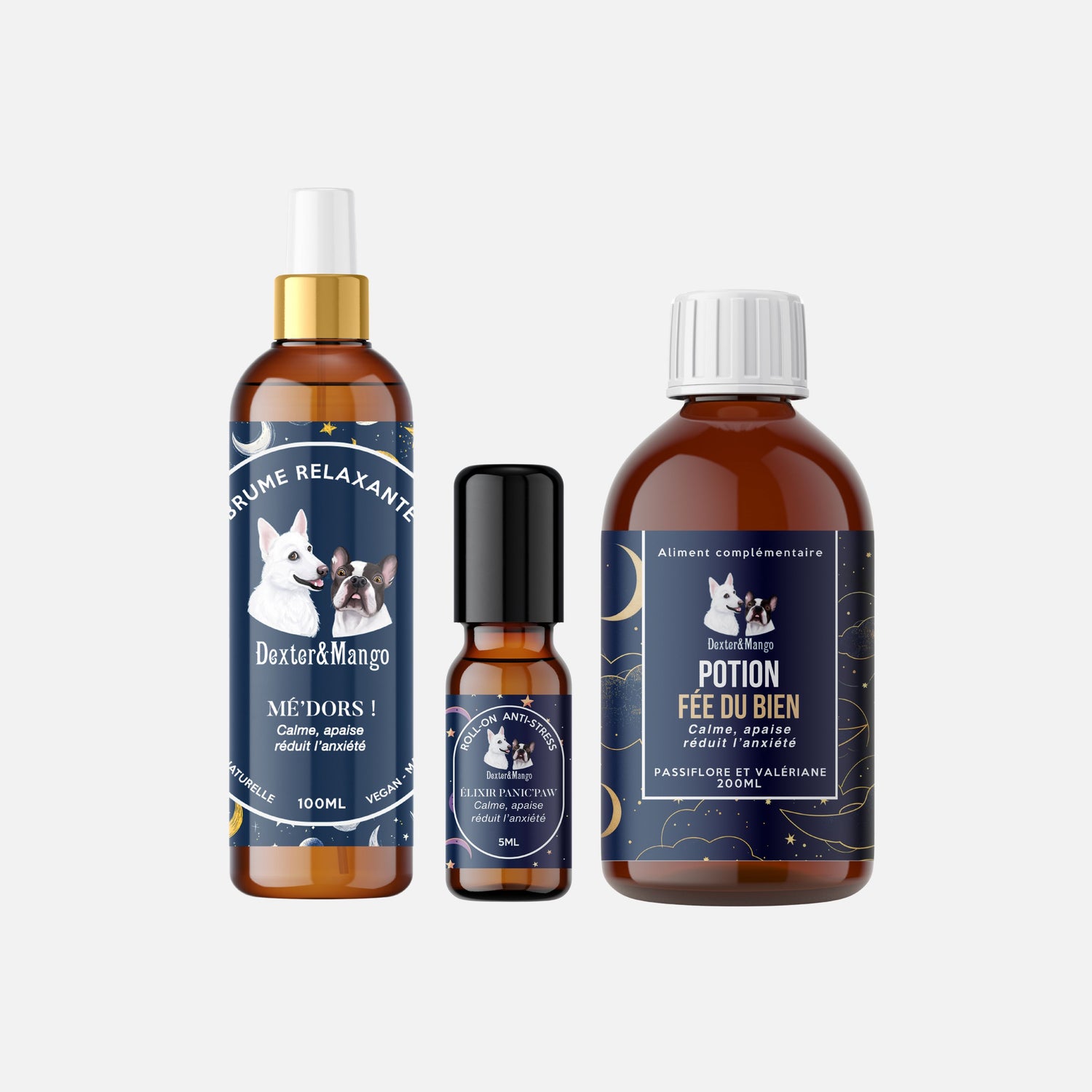 Pack anti-stress naturel pour chien Dexter & Mango avec brume Mé’dors, roll-on Panic’Paw et complément Fée du bien