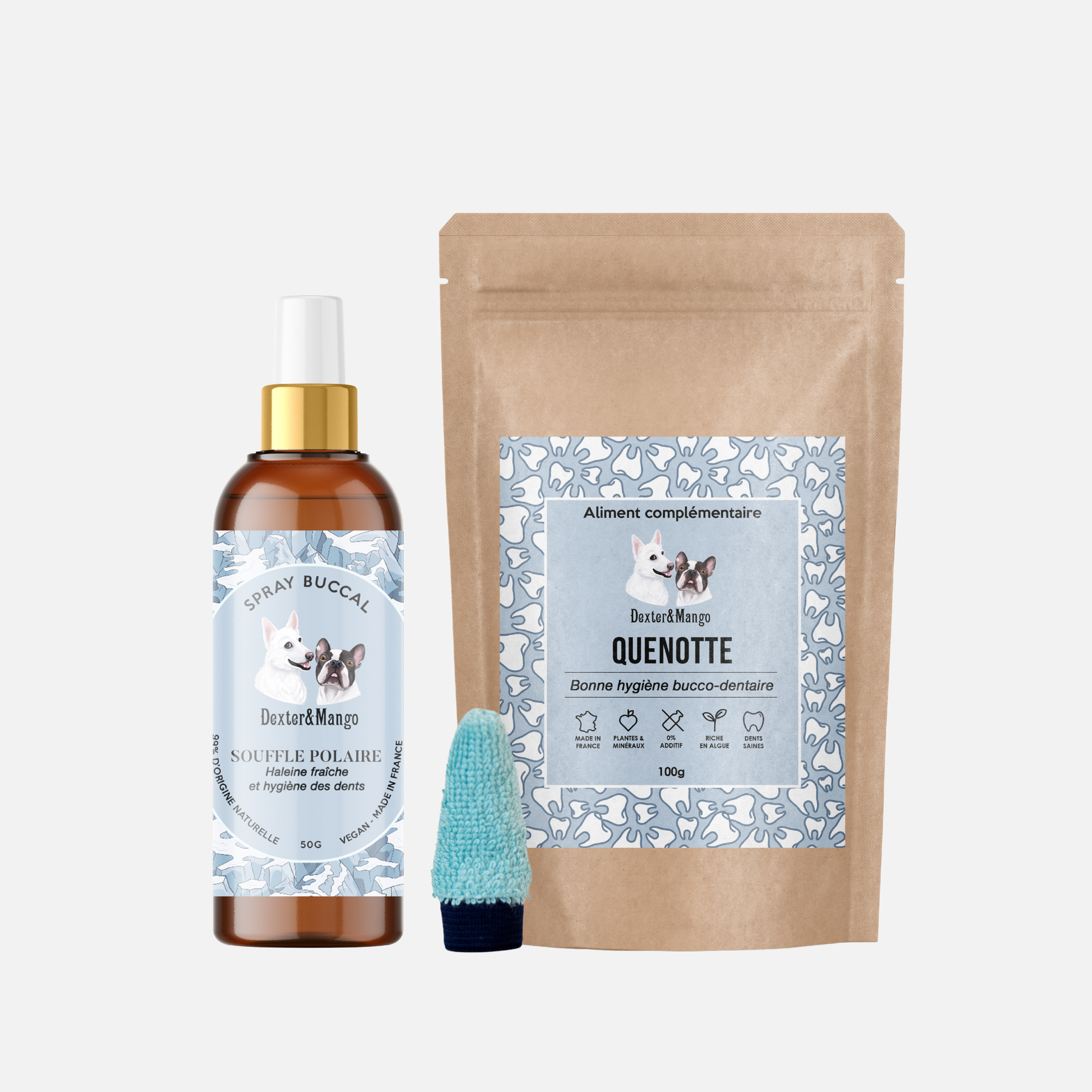 Pack dentaire naturel Dexter & Mango composé du spray Souffle Polaire, du complément Quenotte et d’un doigtier pour l’hygiène bucco-dentaire du chien