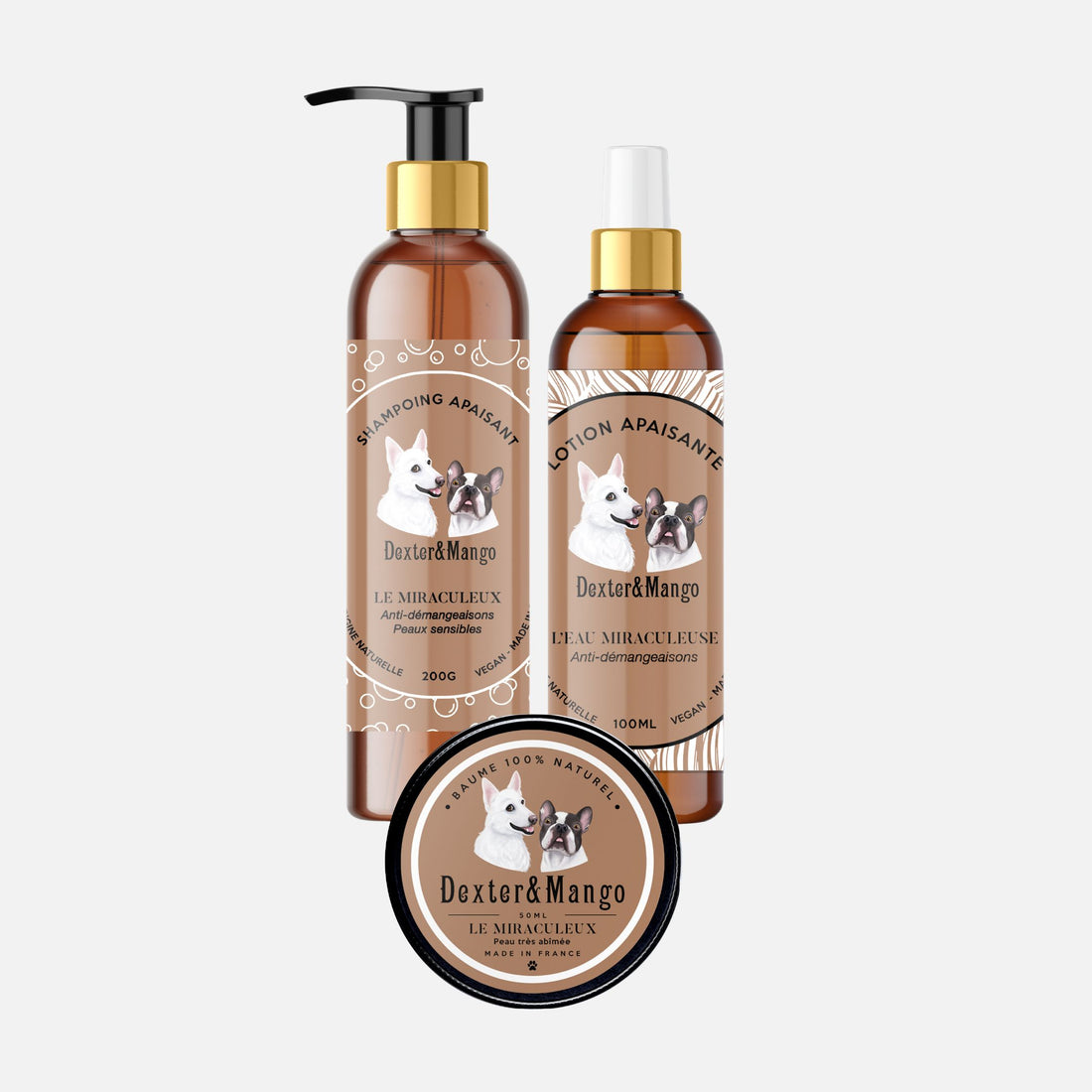 Trio de soins apaisants Dexter & Mango pour chien, composé du shampoing Le Miraculeux, de la lotion L’Eau Miraculeuse et du baume Le Miraculeux, pour soulager les peaux sensibles et les démangeaisons
