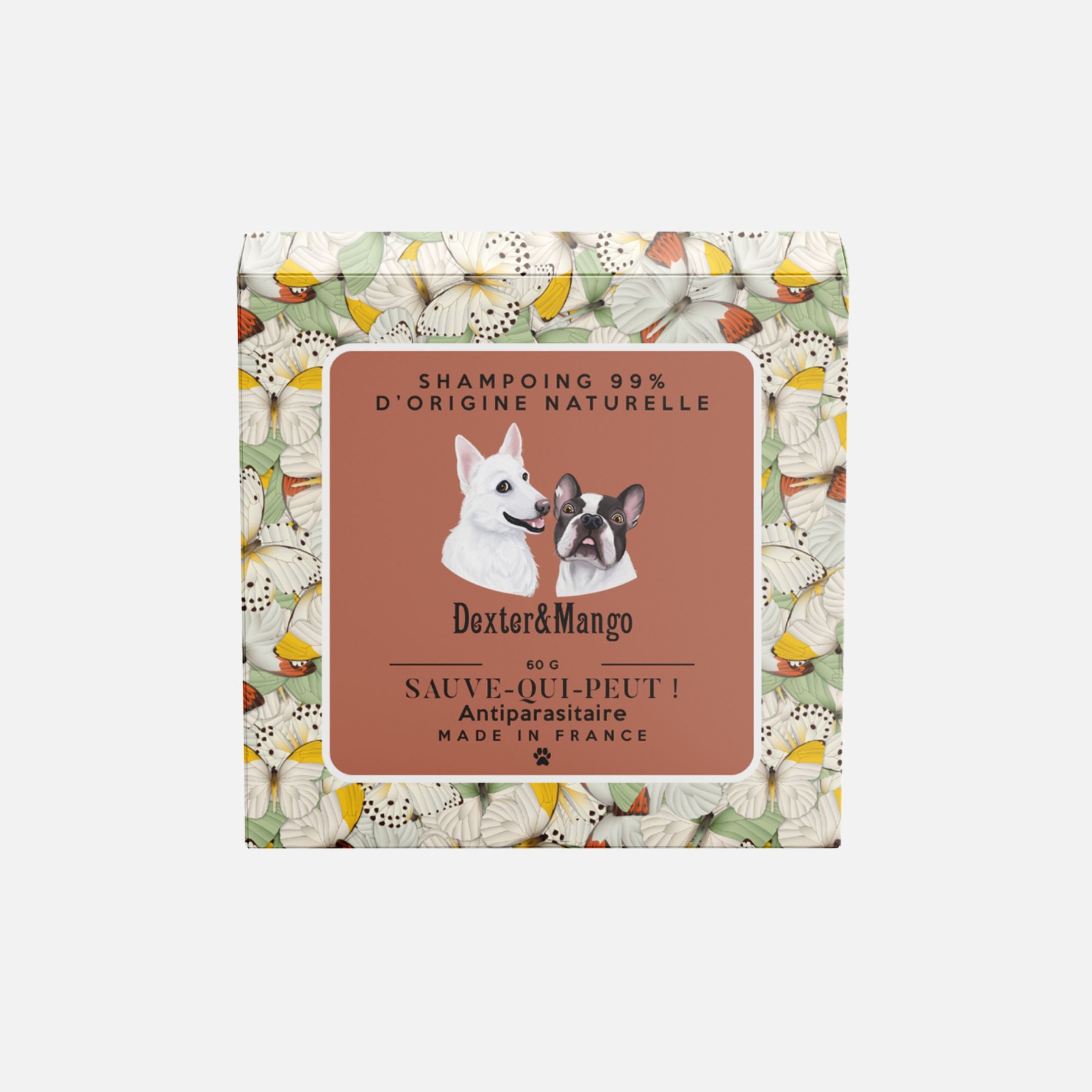 Packaging du shampoing antiparasitaire pour chien Sauve-qui-peut de Dexter & Mango