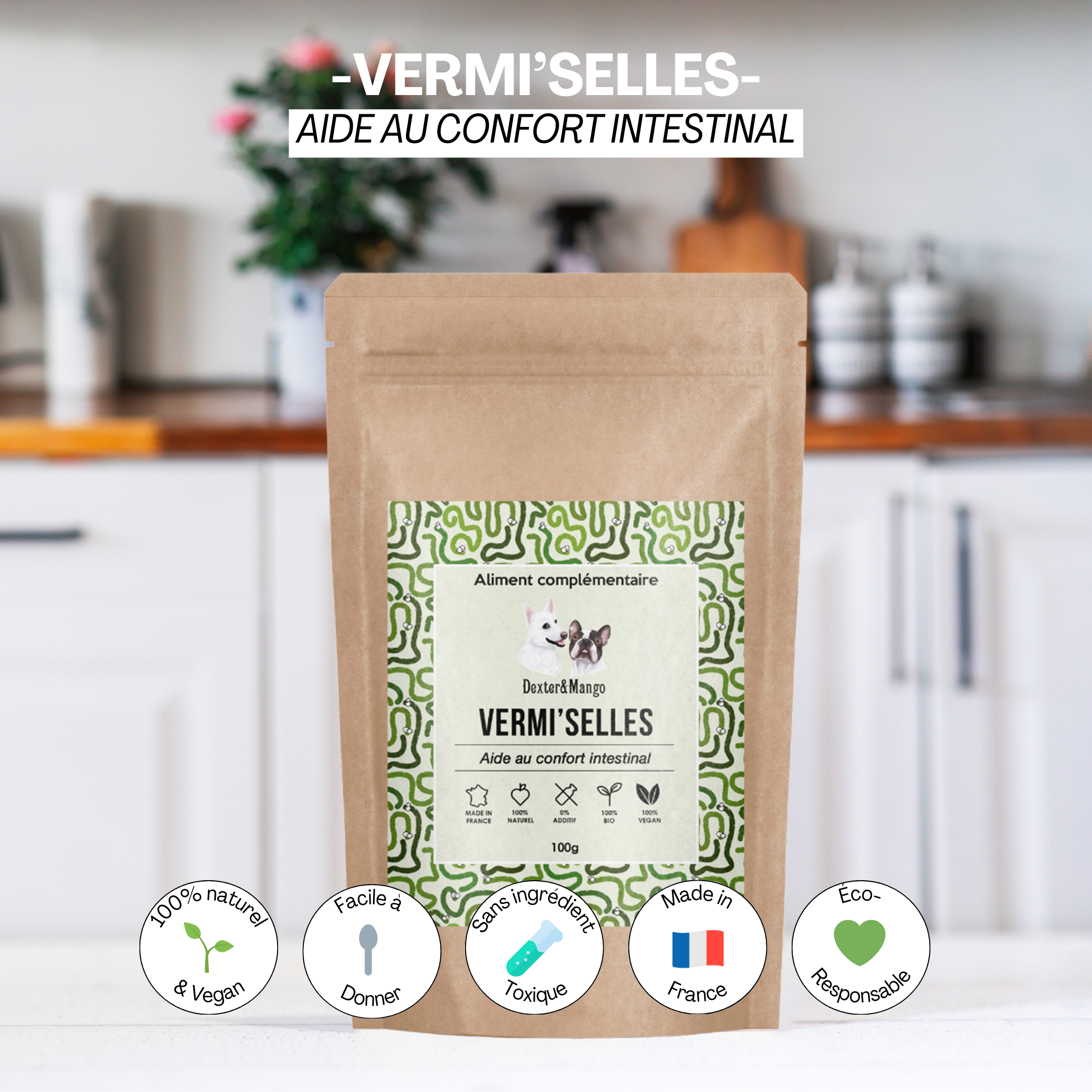 Photo du produit Vermi’selles, aliment complémentaire naturel pour chiens et chats, destiné à améliorer la digestion et le confort intestinal.