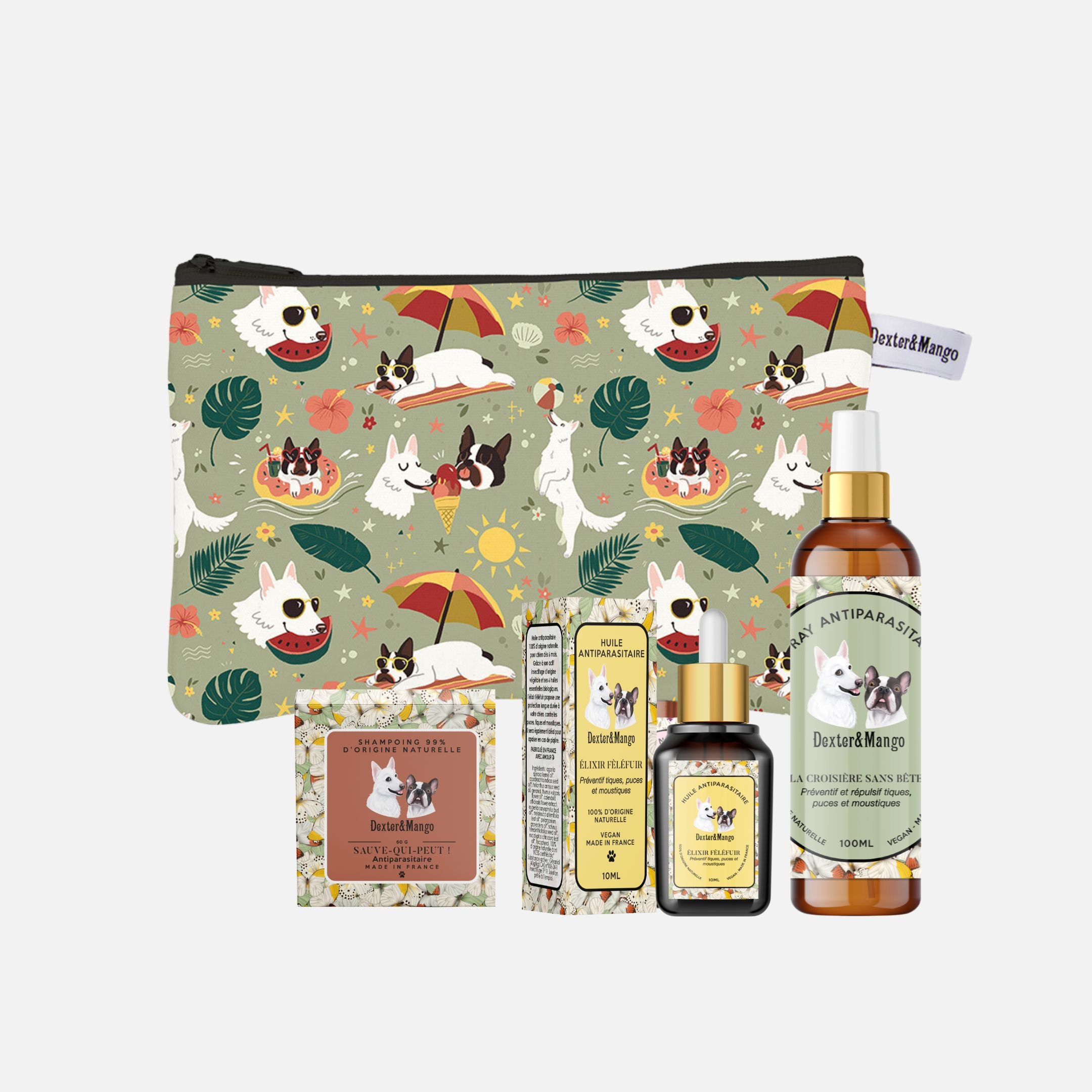 Produits antiparasitaires naturels pour chien avec pochette illustrée Dexter & Mango