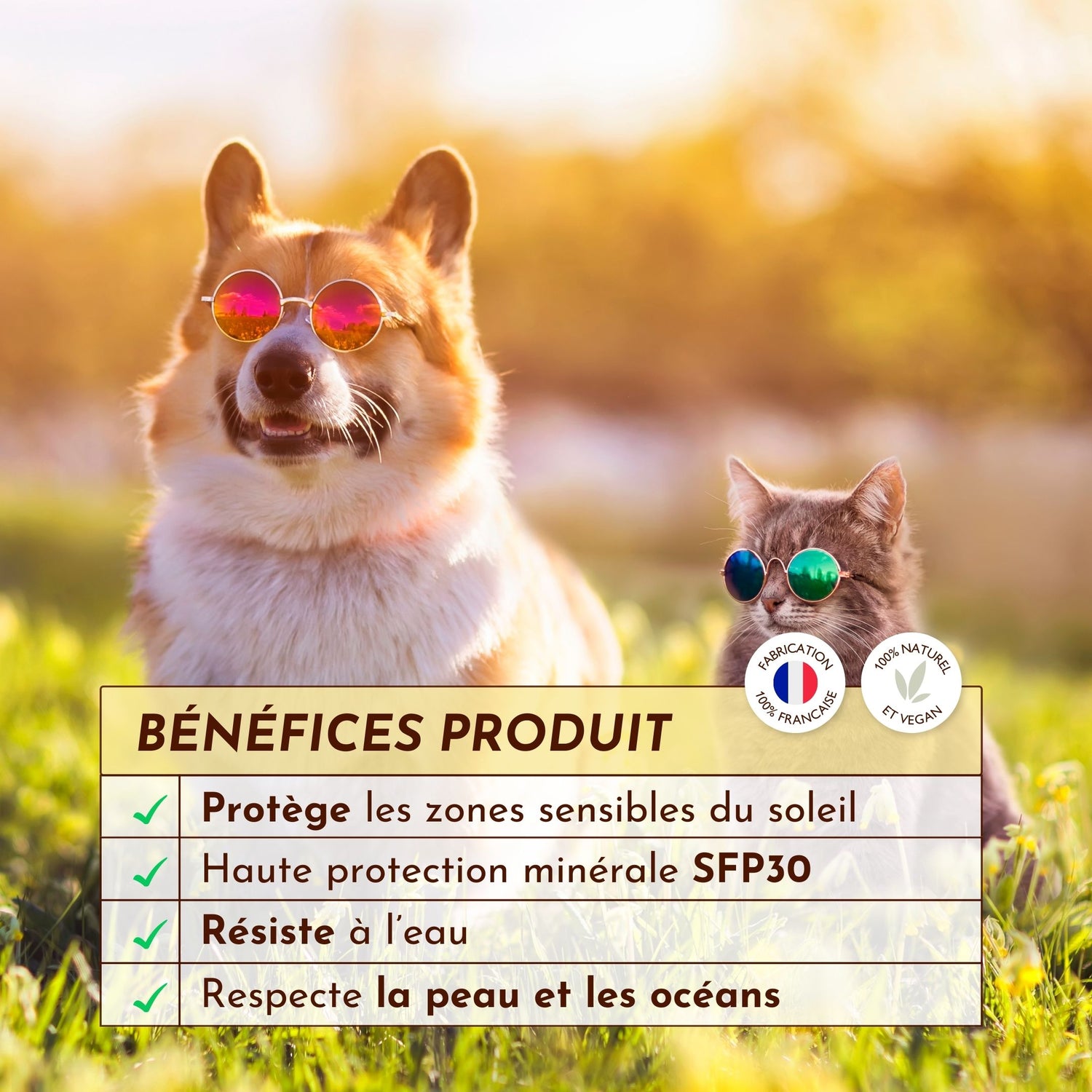 Chien et chat avec lunettes de soleil, présentant les bienfaits de la crème solaire naturelle SPF30