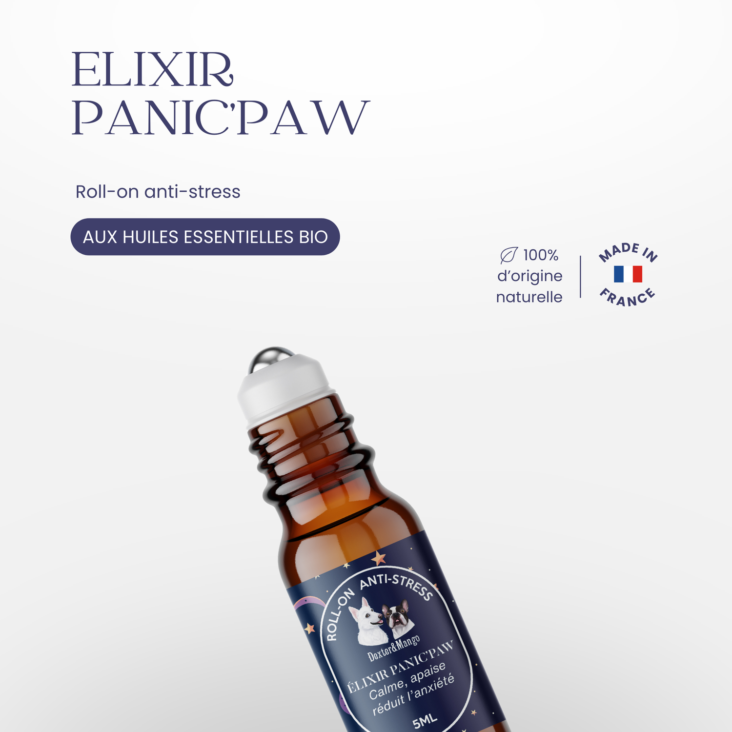 Flacon de l’Élixir Panic’Paw avec bille en métal et mention aux huiles essentielles bio