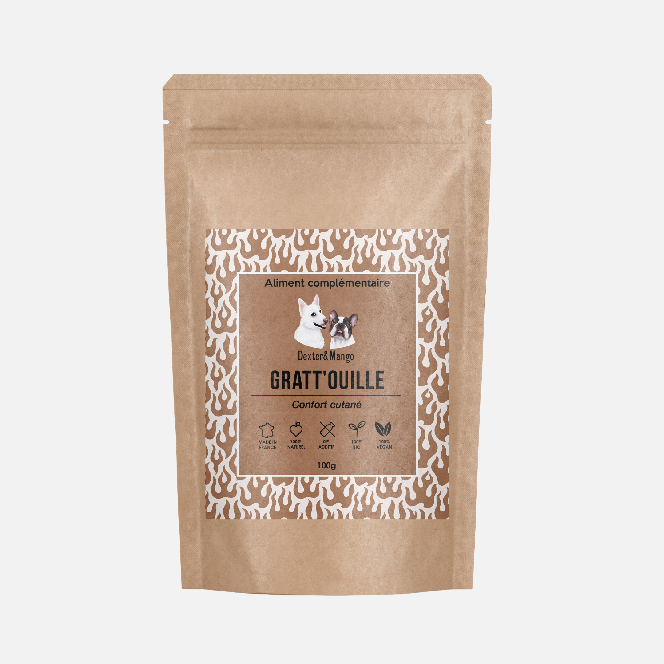 Sachet de 100g de Gratt’ouille, l’aliment complémentaire naturel pour chiens et chats, conçu pour soulager les problèmes de peau et améliorer la qualité du pelage