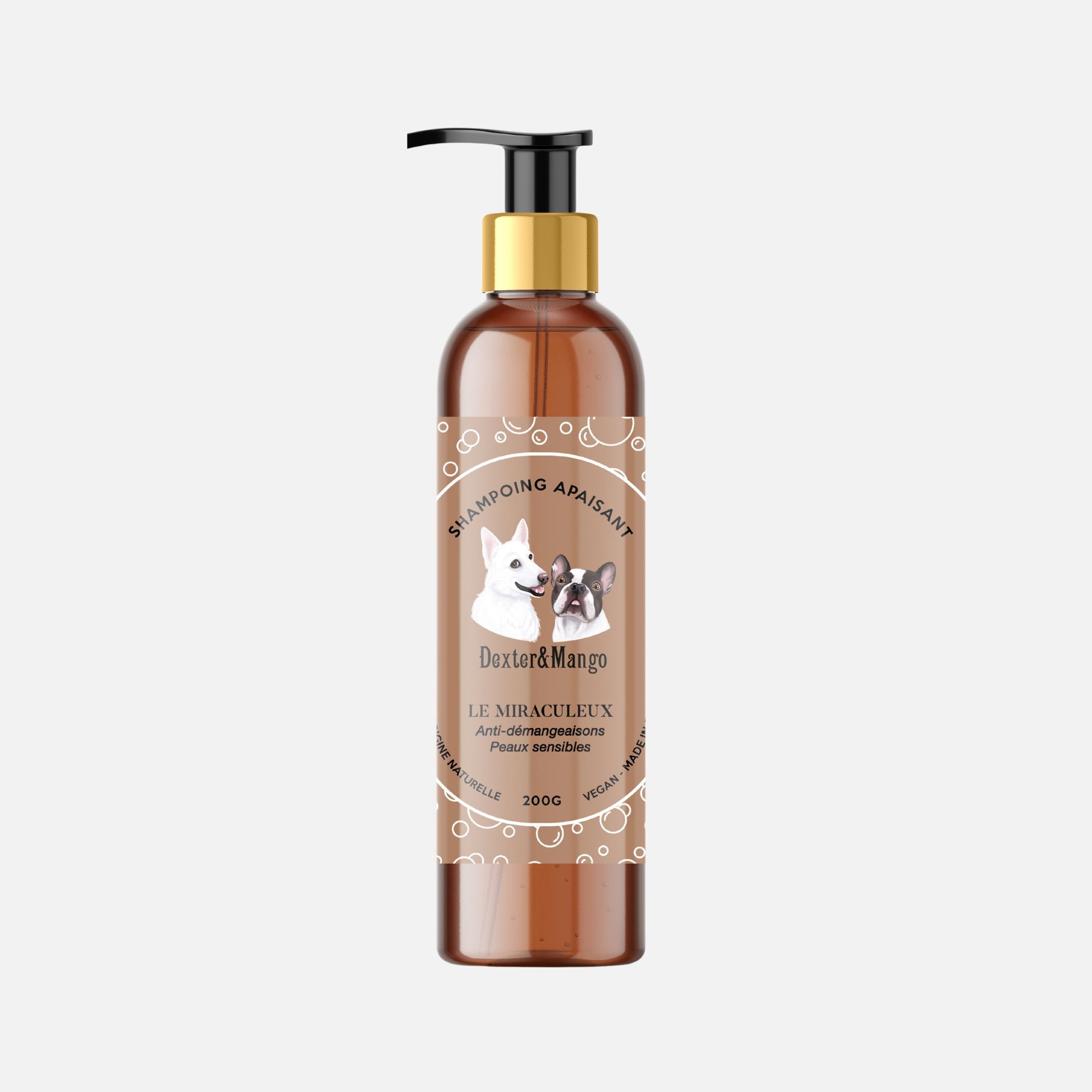 Flacon de shampoing apaisant “Le Miraculeux” de Dexter & Mango, anti-démangeaisons pour chiens à peau sensible.