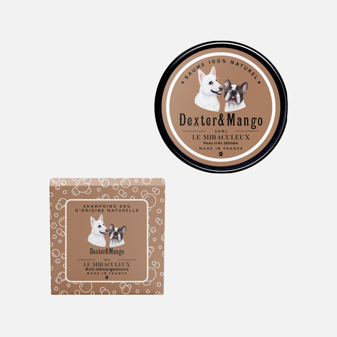 Duo de soins pour chien Dexter & Mango composé du shampoing liquide apaisant et du baume Miraculeux pour peaux sensibles et très abîmées