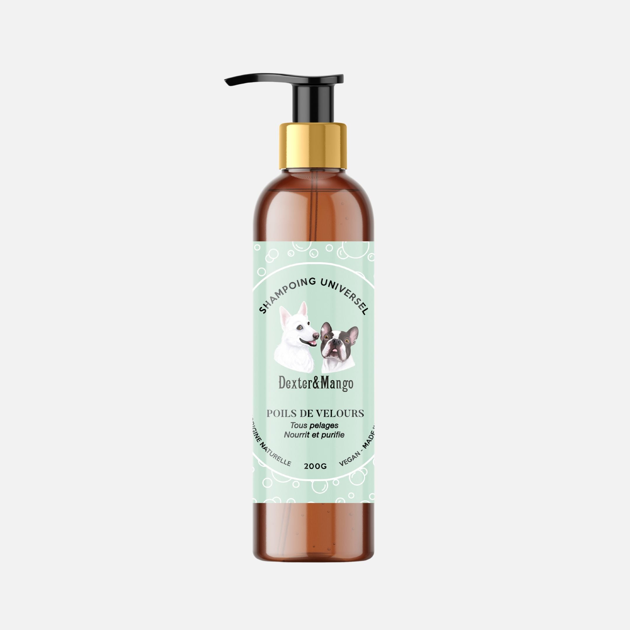 Flacon de shampoing liquide Poils de Velours de Dexter & Mango, enrichi en huiles végétales pour un pelage sain et brillant.