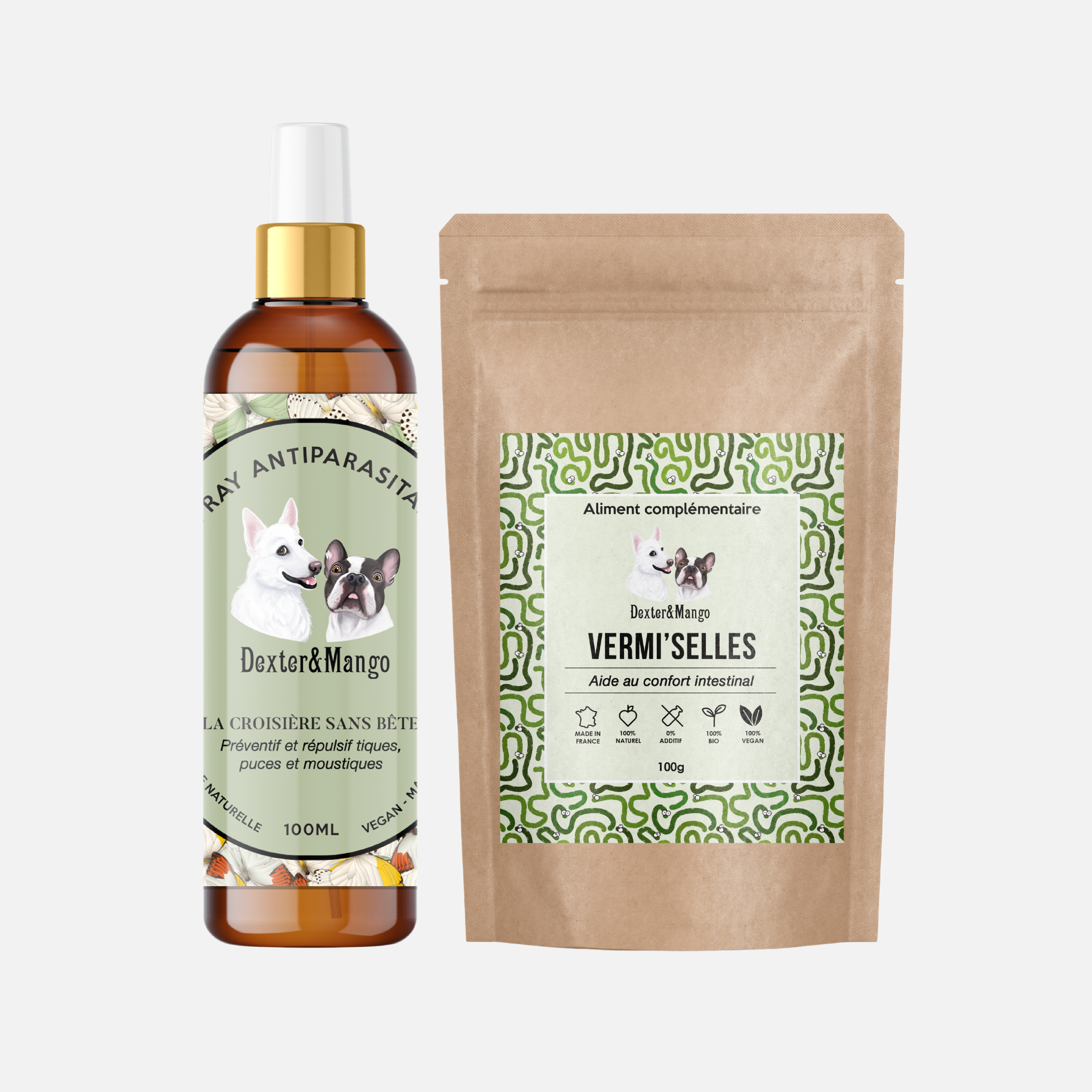 Duo antiparasitaire naturel Dexter & Mango pour chien, avec spray La Croisière Sans Bête et complément alimentaire Vermi’Selles