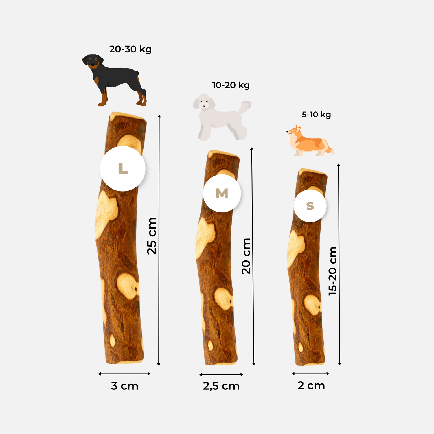 Tailles disponibles du bâton d’olivier pour chien selon son poids