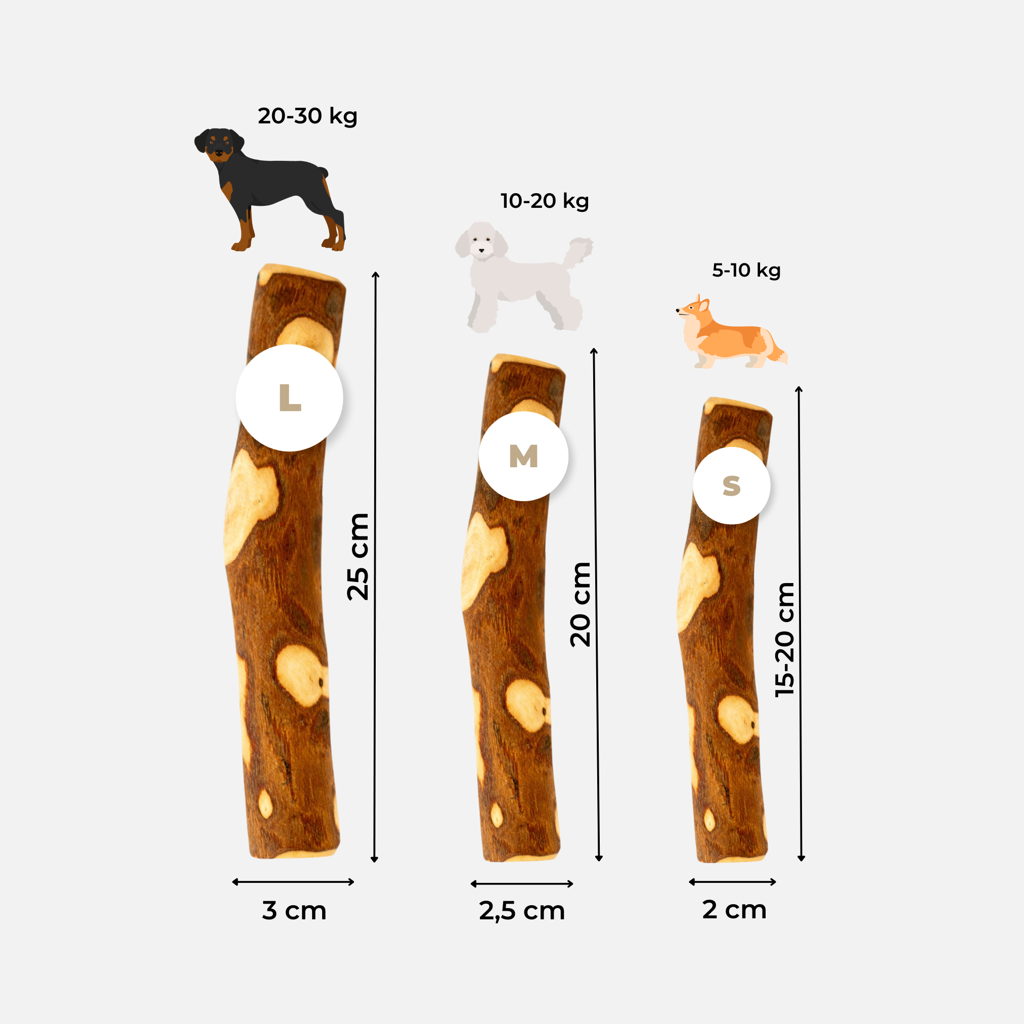 Tailles disponibles du bâton d’olivier pour chien selon son poids
