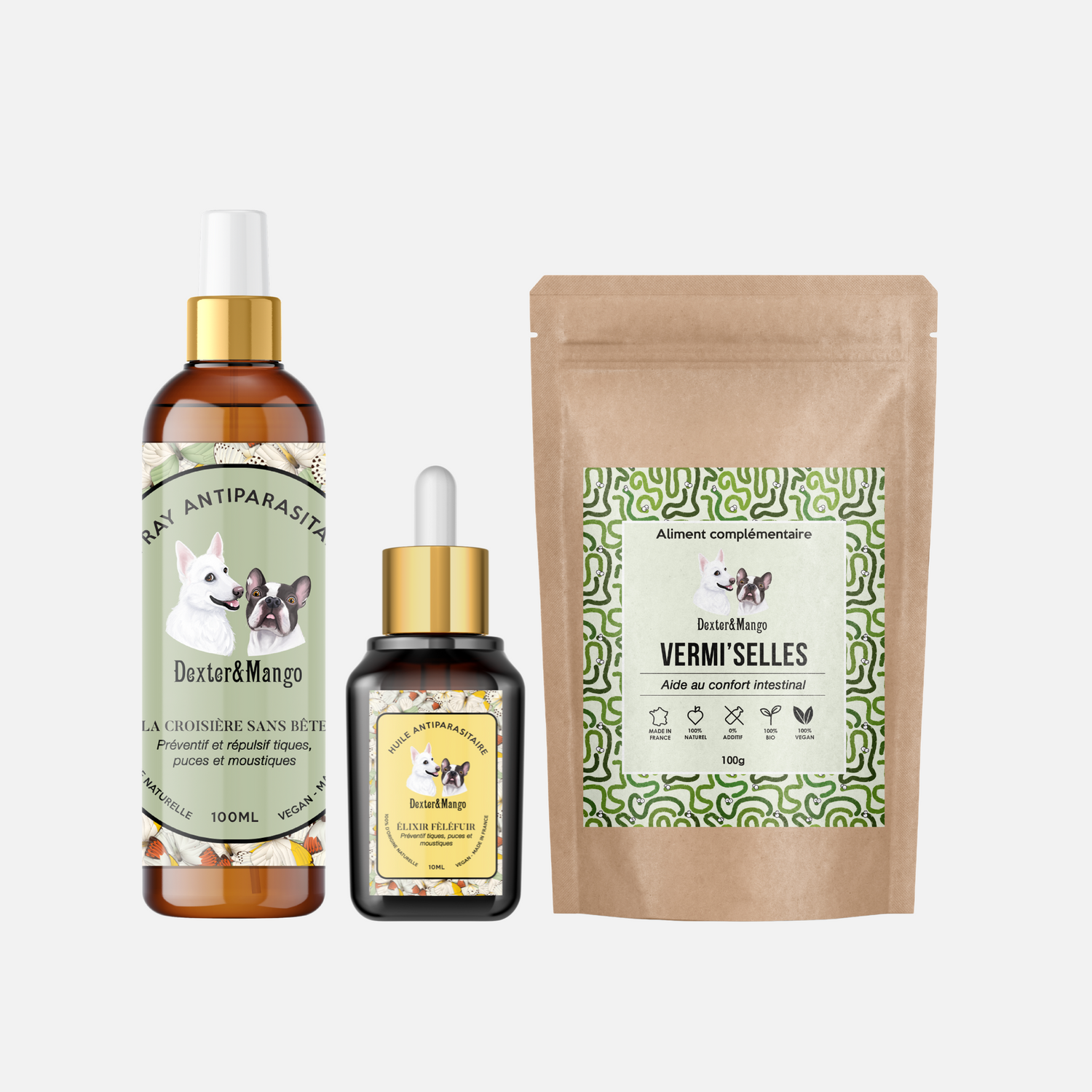 Trio antiparasitaire naturel pour chien comprenant La Croisière sans Bête, l’Élixir Fèléfuir et Vermi’selles de Dexter & Mango