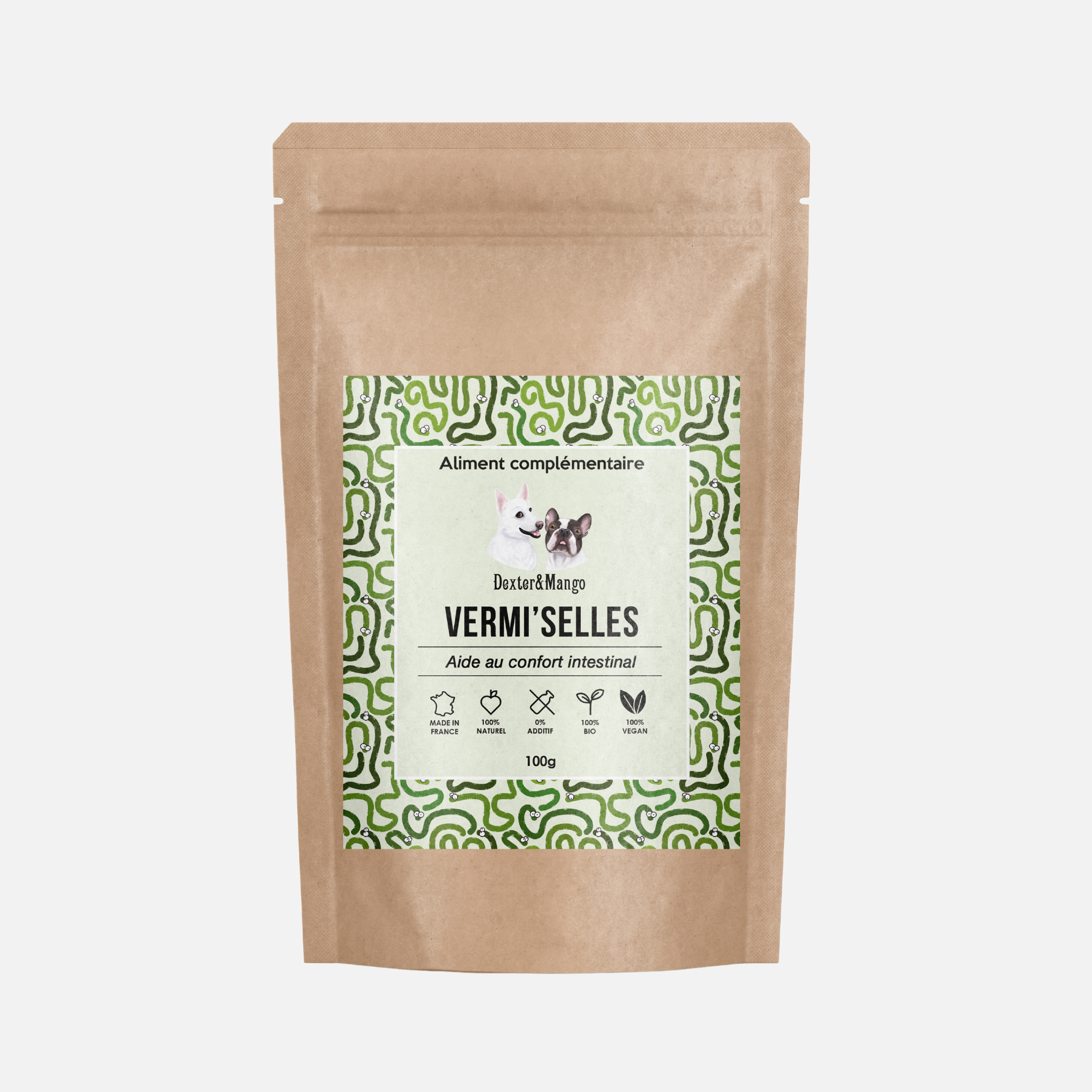 Packaging du complément alimentaire Vermi’selles pour le confort intestinal des chiens et chats, 100% naturel et vegan.