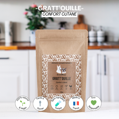 Le complément alimentaire Gratt’ouille de Dexter &amp; Mango, un soin 100% naturel, vegan et fabriqué en France, conçu pour le confort cutané des chiens et chats.