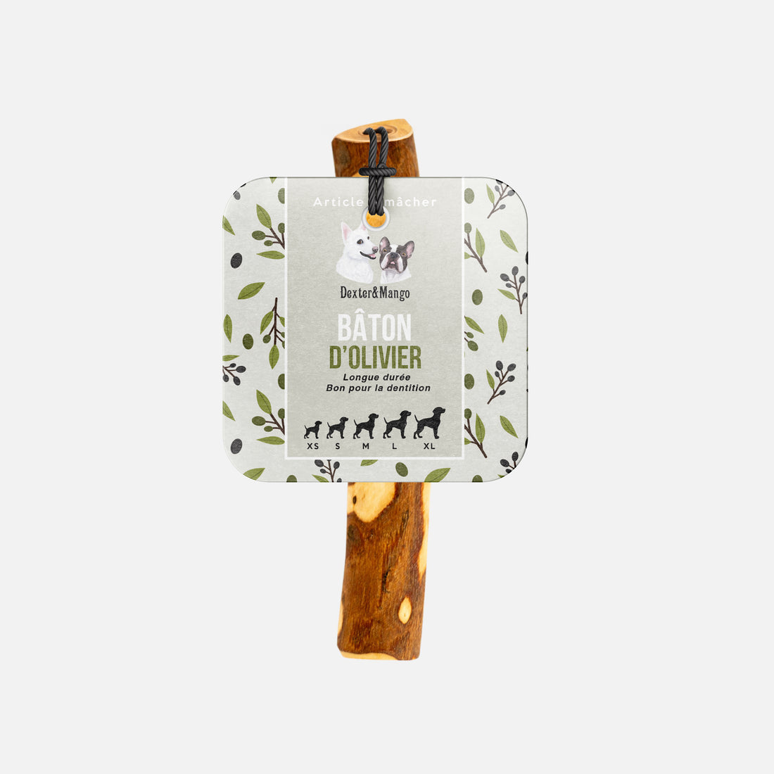 Bâton d’olivier naturel Dexter et Mango pour chien, avec packaging illustré