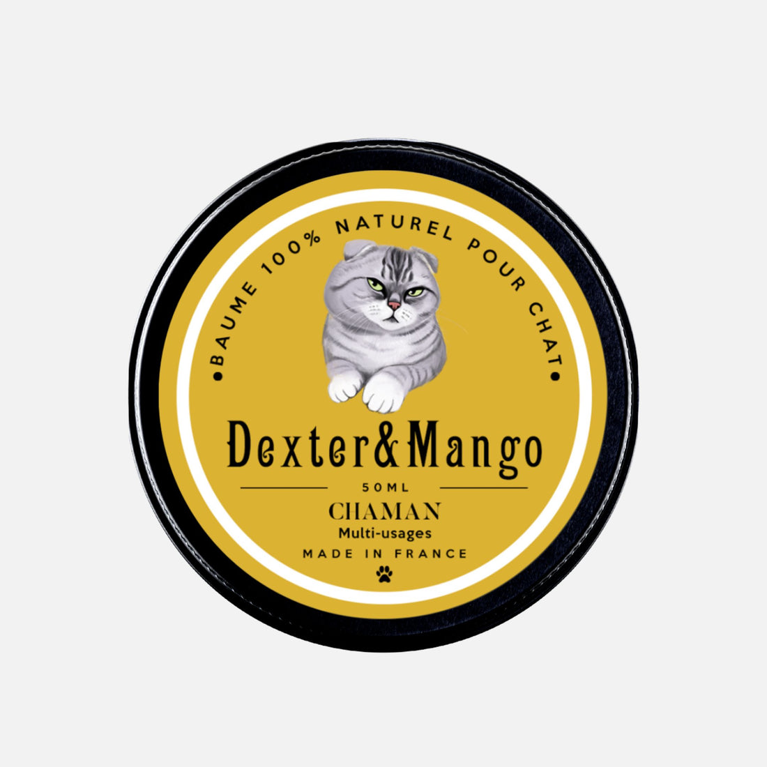 Photo du baume Chaman pour chat Dexter & Mango en format pot fermé, baume multi-usages 100% naturel
