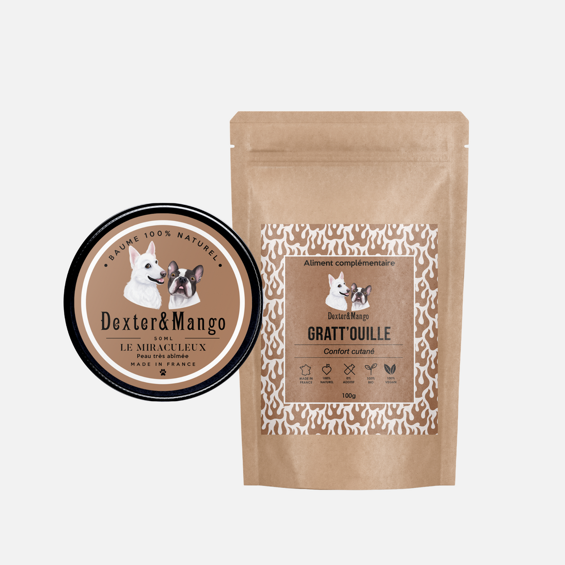 Baume Miraculeux et complément alimentaire Gratt’ouille pour le confort cutané du chien