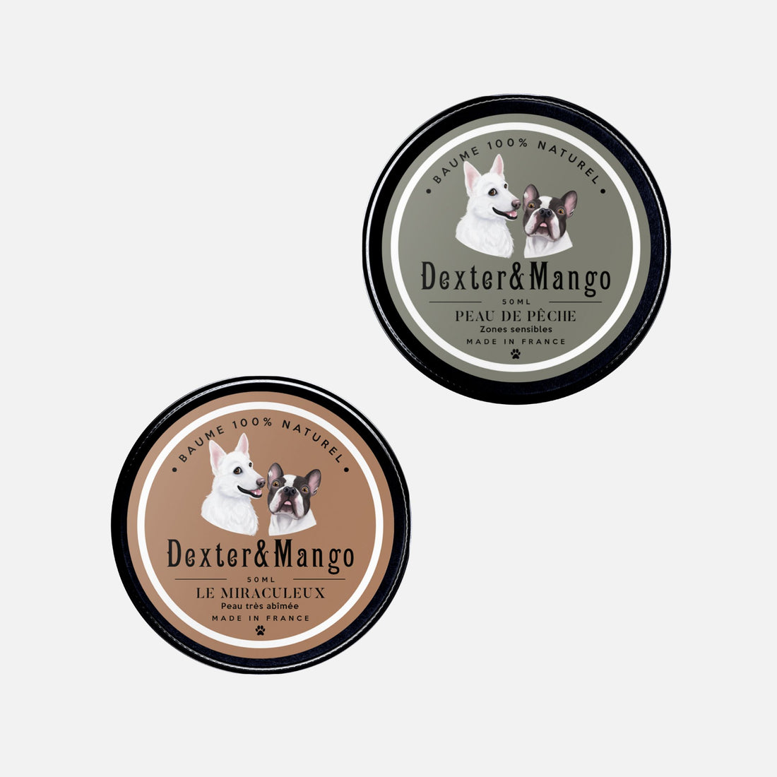 Deux baumes pour chien Dexter et Mango, Le Miraculeux et Peau de Pêche, pour le soin des peaux abîmées et zones sensibles