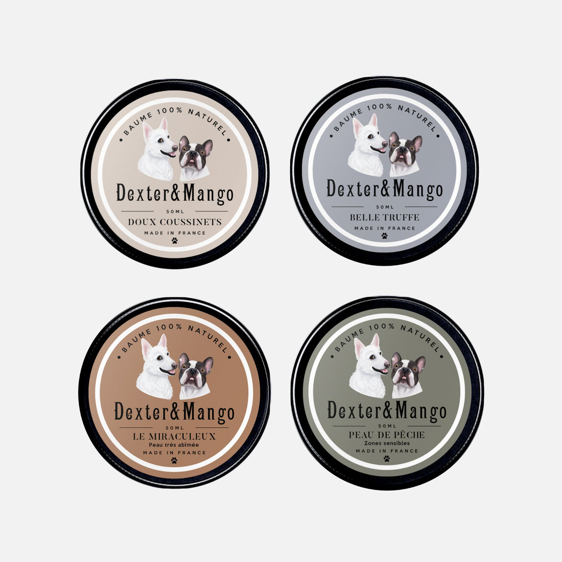 Les quatre baumes naturels pour chien Dexter & Mango, pour coussinets, truffe, peau abîmée et zones sensibles
