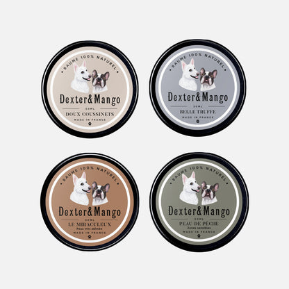 Les quatre baumes naturels pour chien Dexter &amp; Mango, pour coussinets, truffe, peau abîmée et zones sensibles