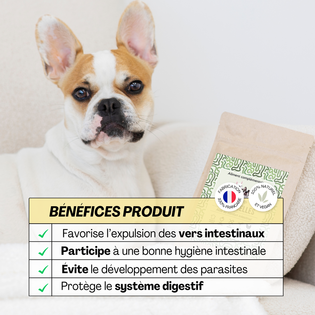 Les bienfaits du complément Vermi’selles : expulsion des vers intestinaux, amélioration de l’hygiène intestinale et protection du système digestif.
